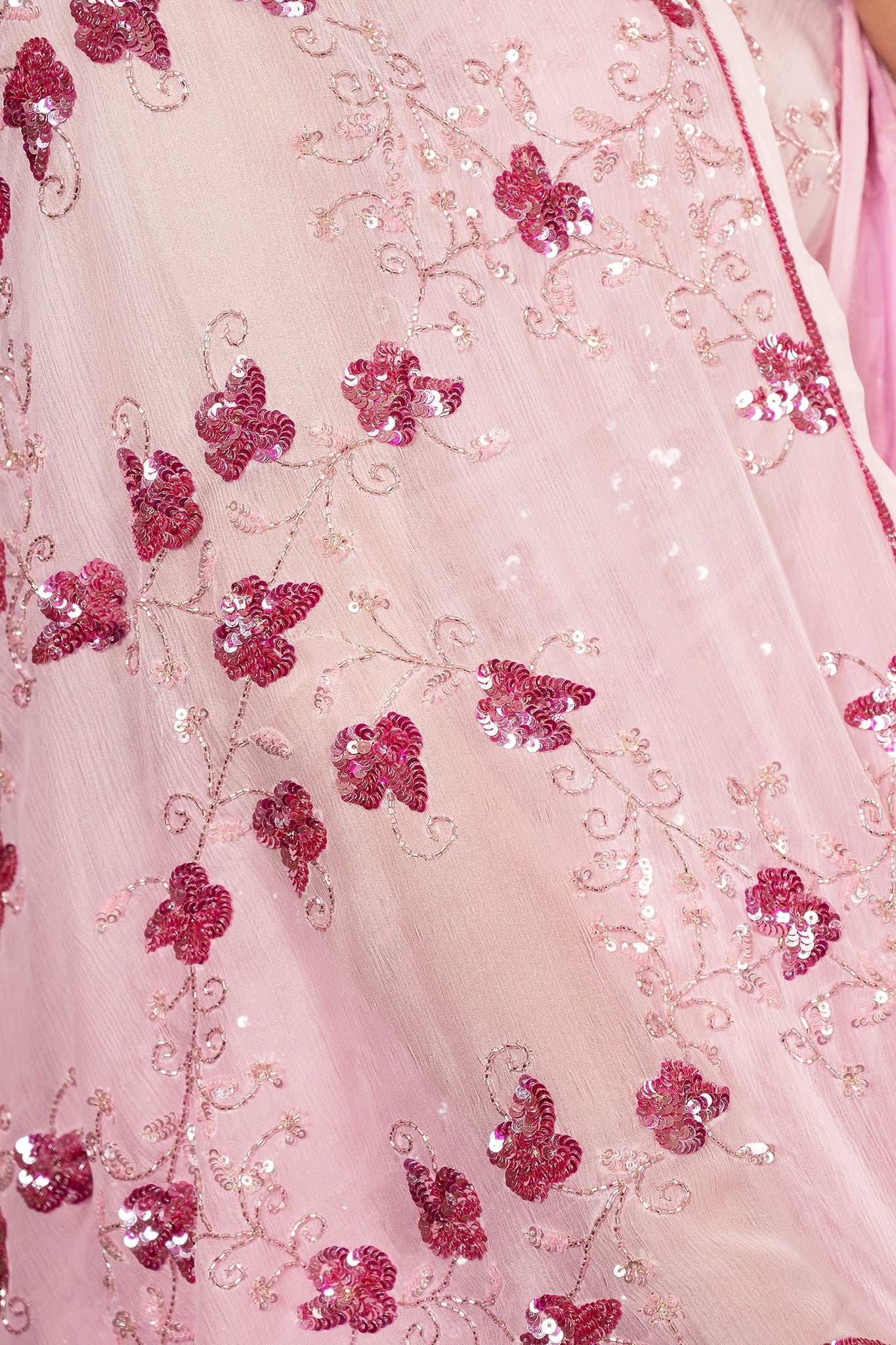 Pink light dark Pure Chiffon sequins  kardana jaal handwork saree