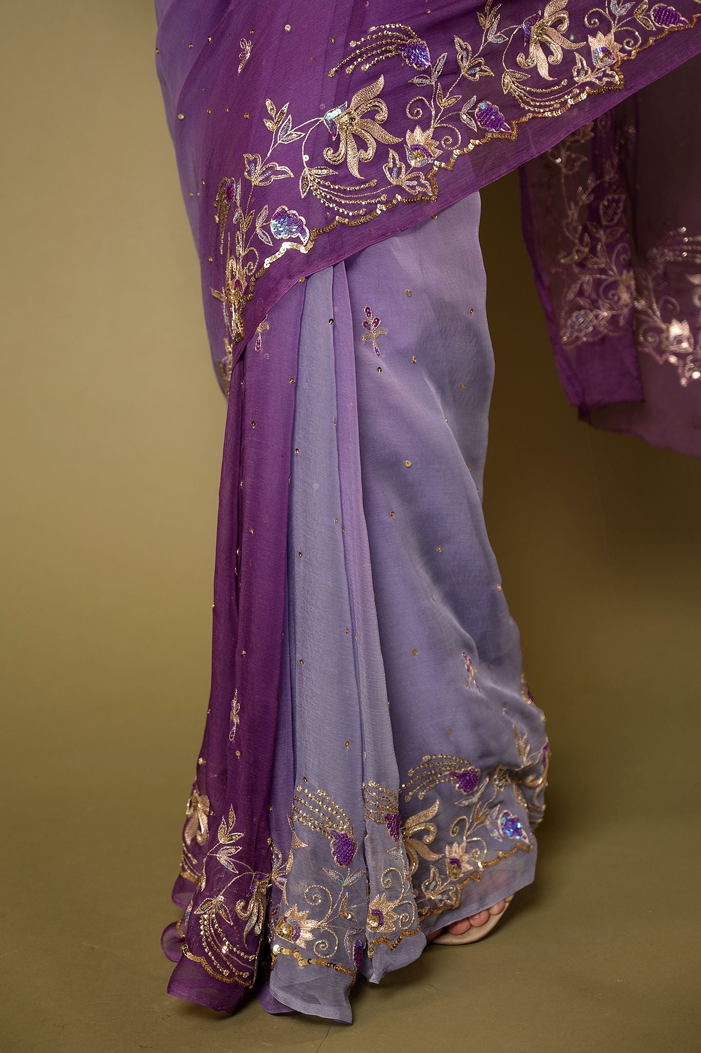 Lavender viscose Chiffon aari sequins  border butti handwork saree