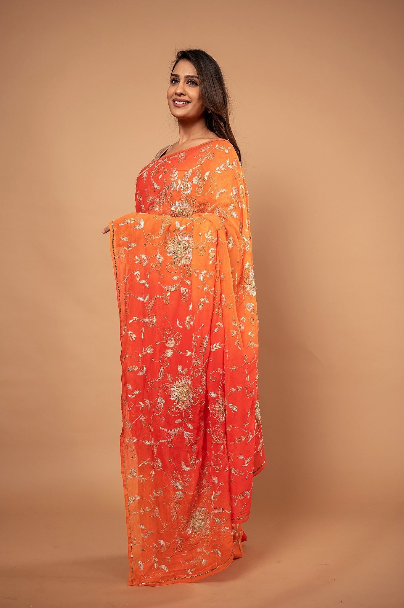 Orange light dark pure chiffon aari sequins  zardozi jaal handwork saree