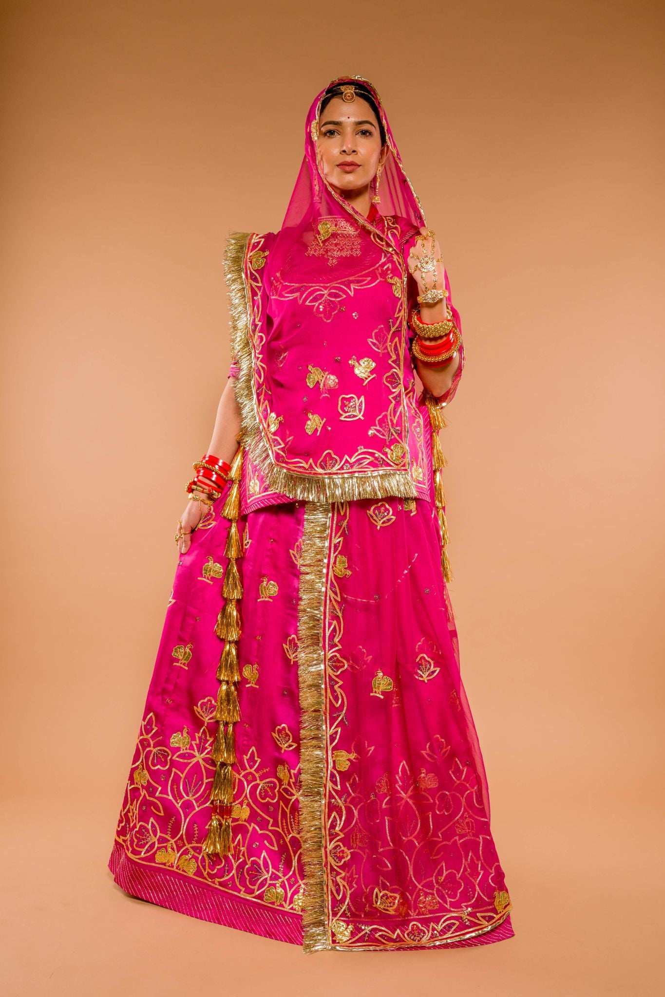 Rani bamber satin Sikhiya Gota handwork poshak with pure odhna