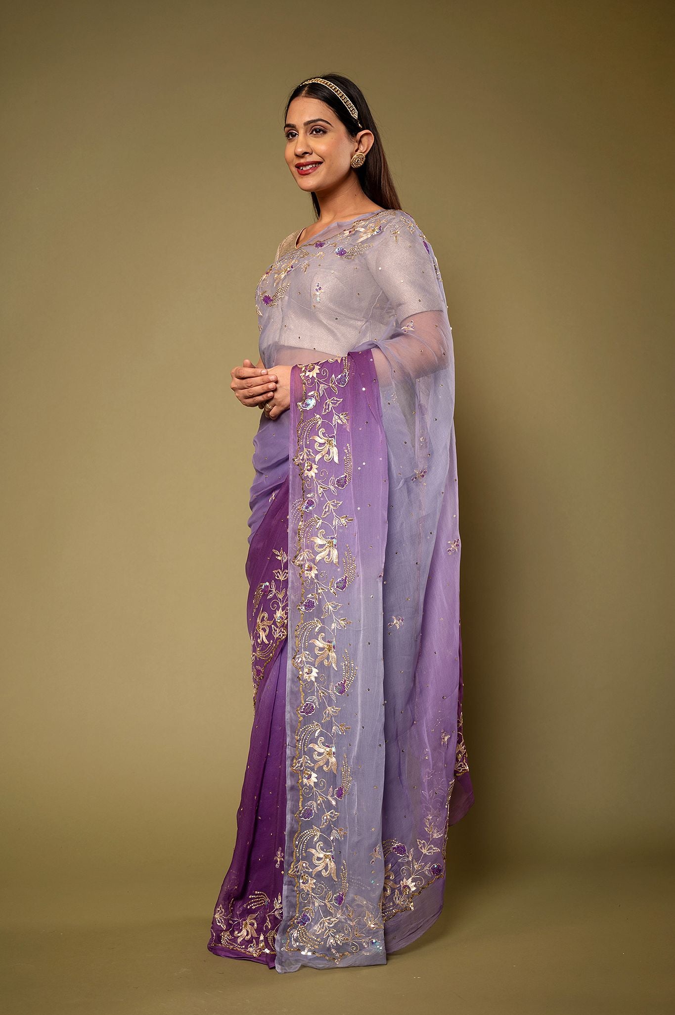Lavender viscose Chiffon aari sequins  border butti handwork saree