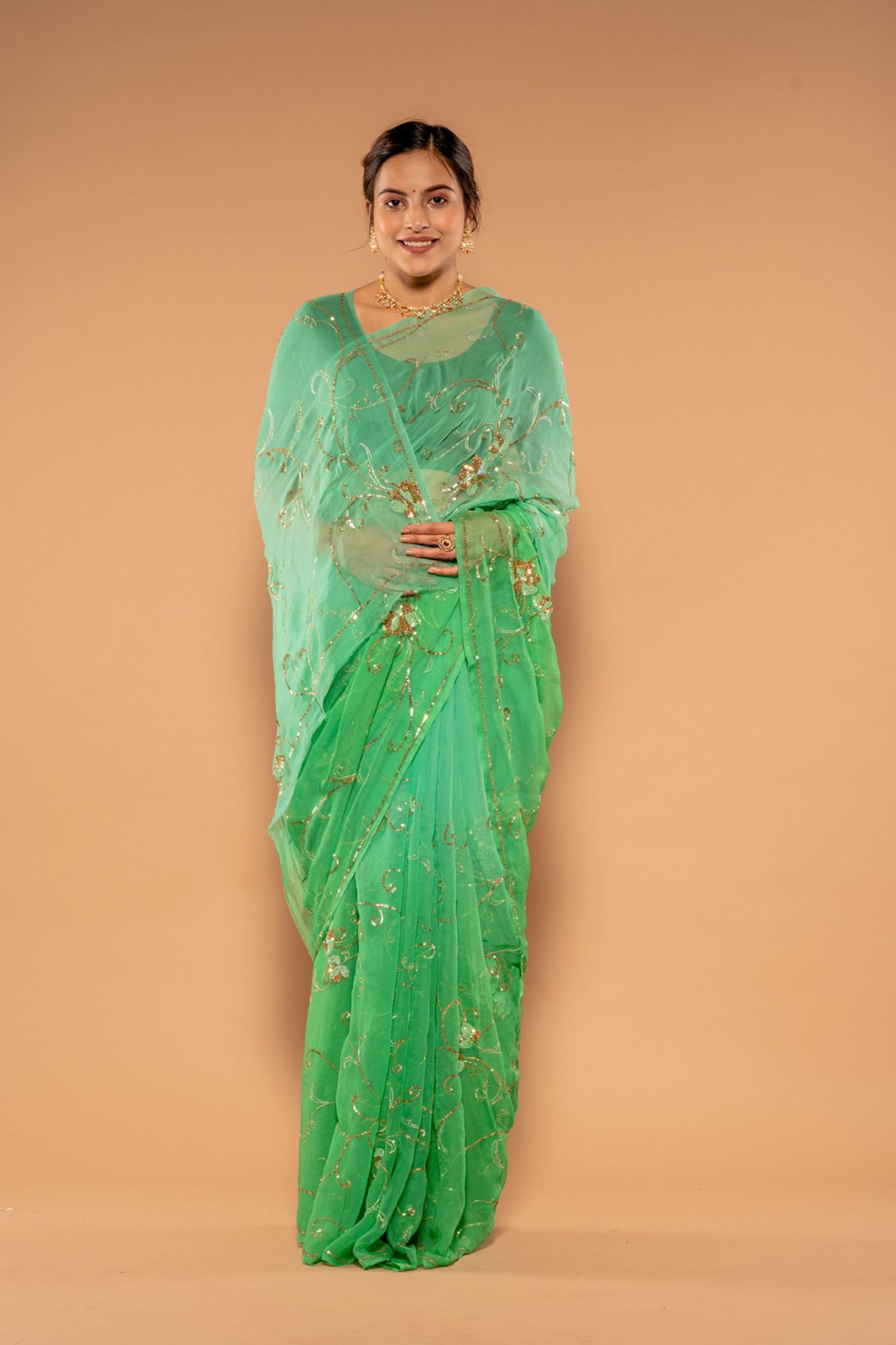 Green Shaded Viscose Chiffon Aari sequins  Jaal Handwork Party wear Saree