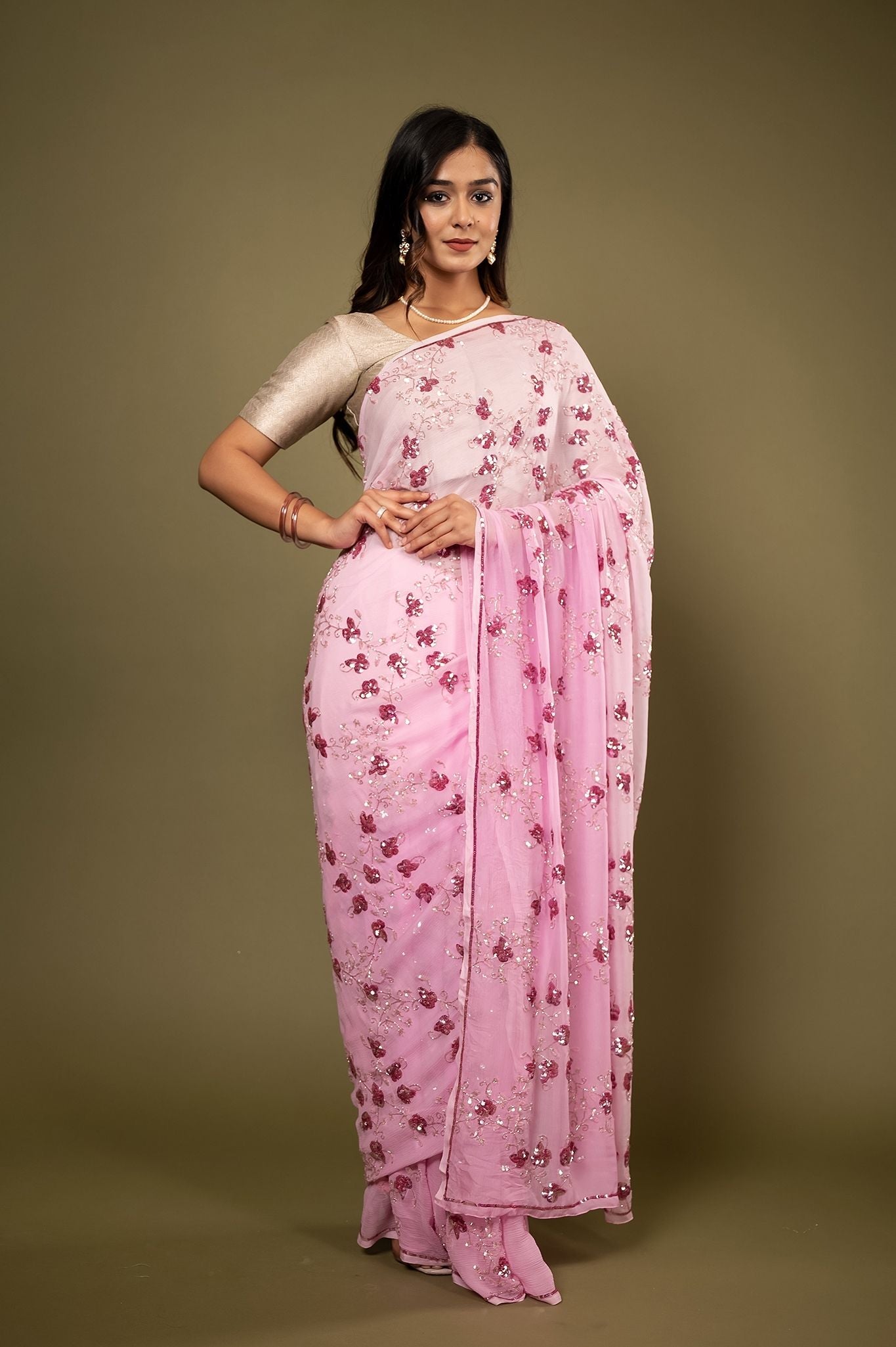 Pink light dark Pure Chiffon sequins  kardana jaal handwork saree