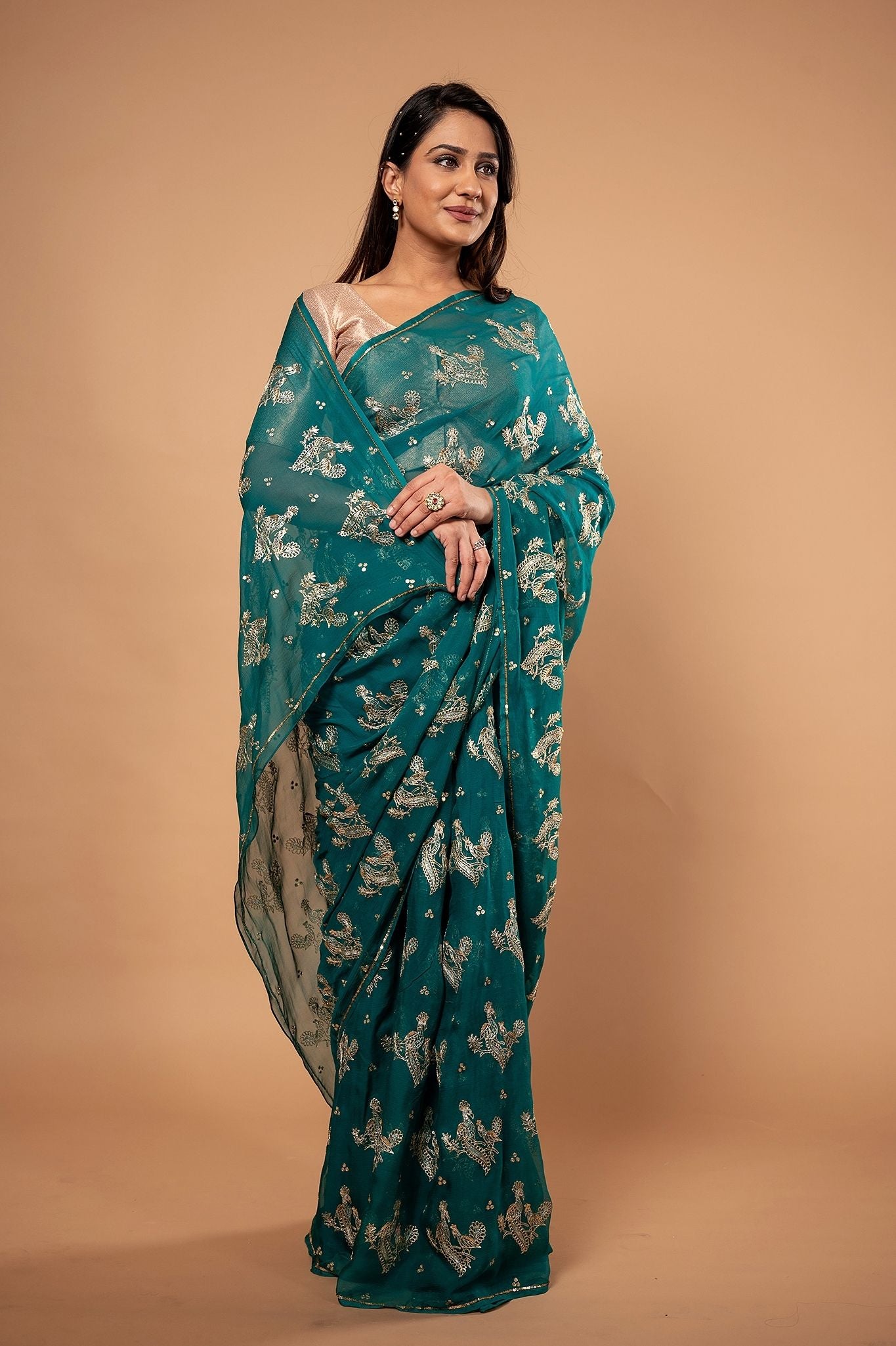 Rama green pure chiffon Aari motif handwork saree