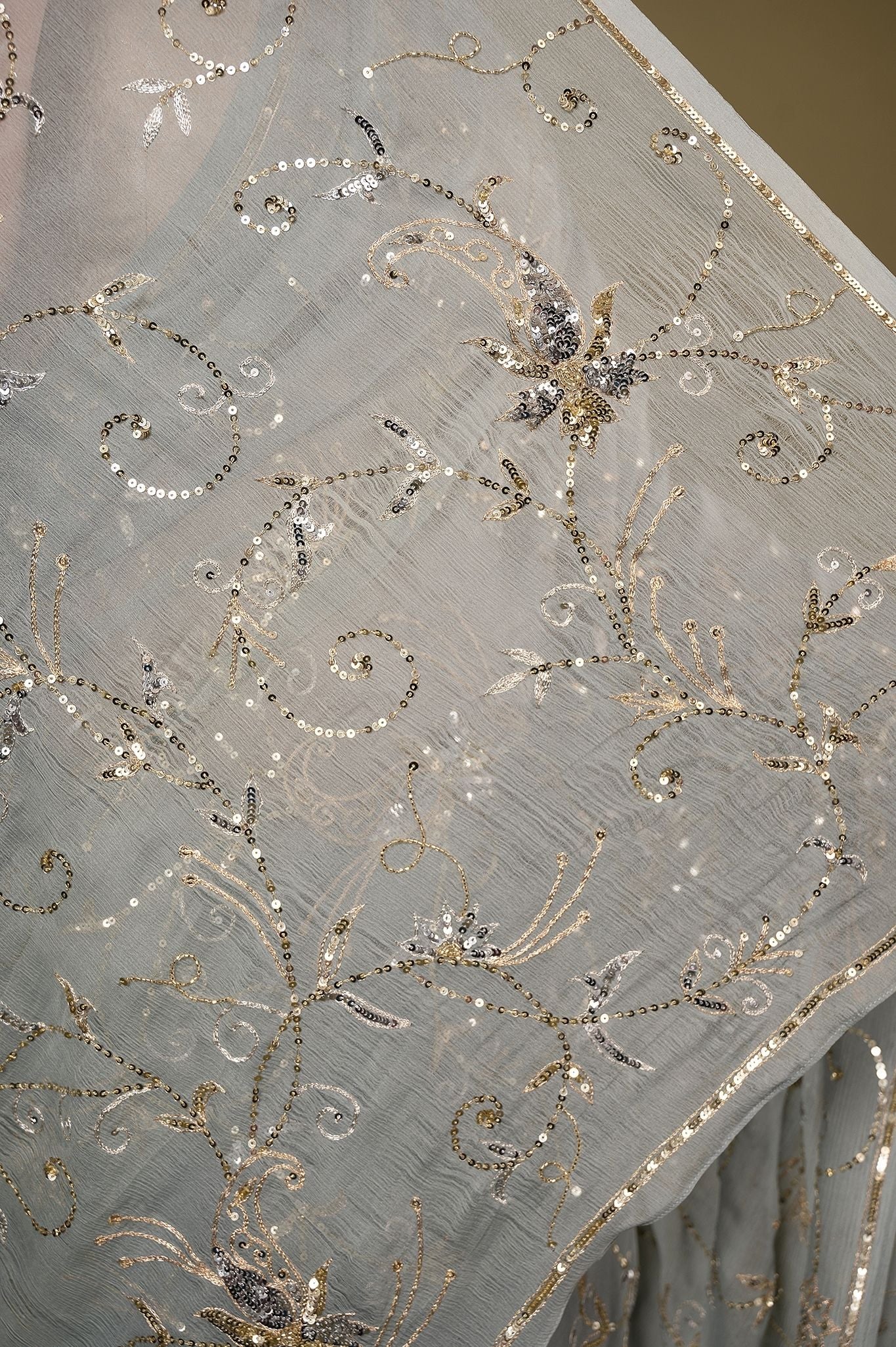 Grey Pure Chiffon aari sequins  jaal handwork saree