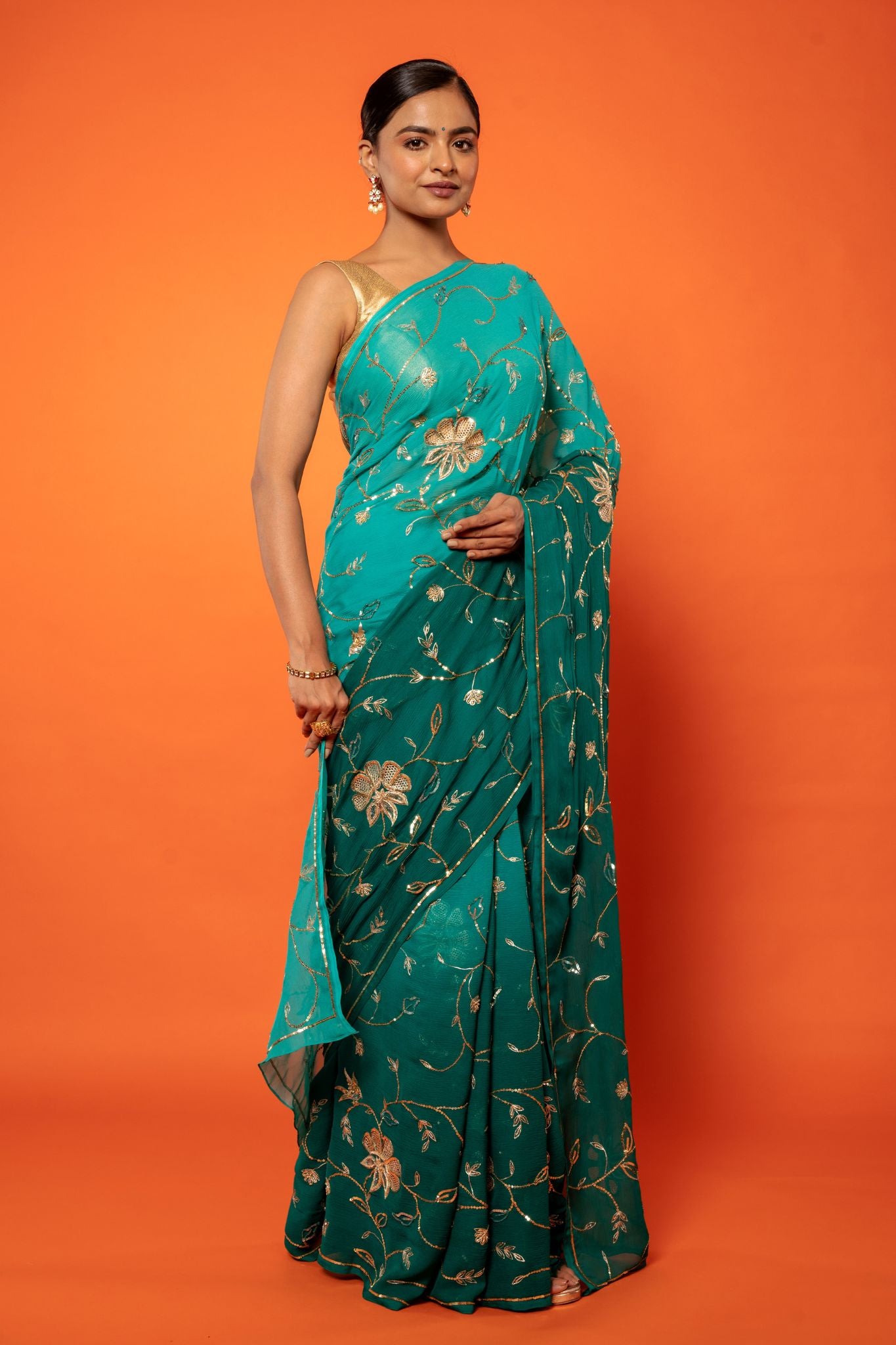 Rama green pure chiffon aari sequins  jaal  handwork saree