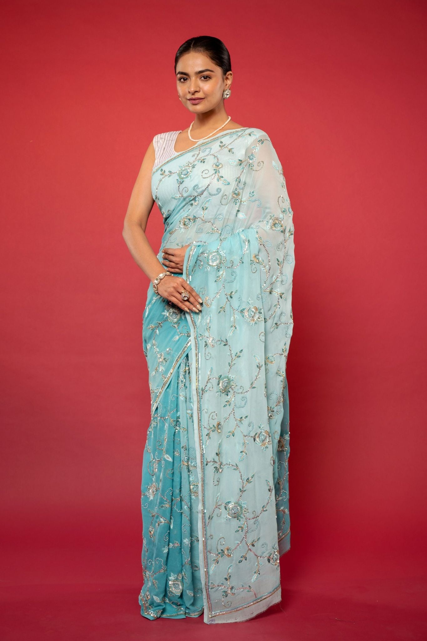 Sky blue light dark pure chiffon Aari sequins  resham pearl work handwork saree