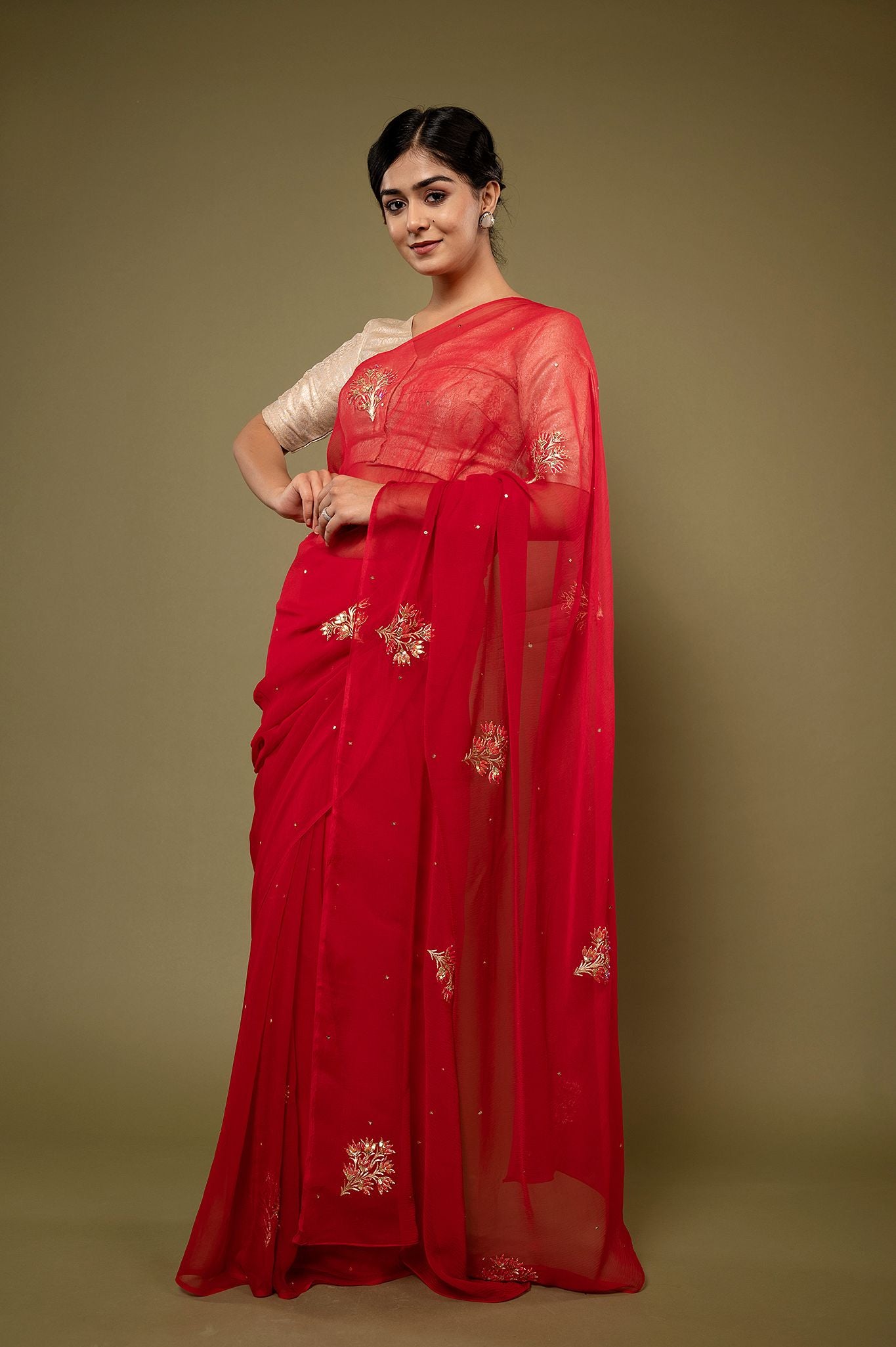 Red viscose chiffon aari sequins motif handwork casual wear saree