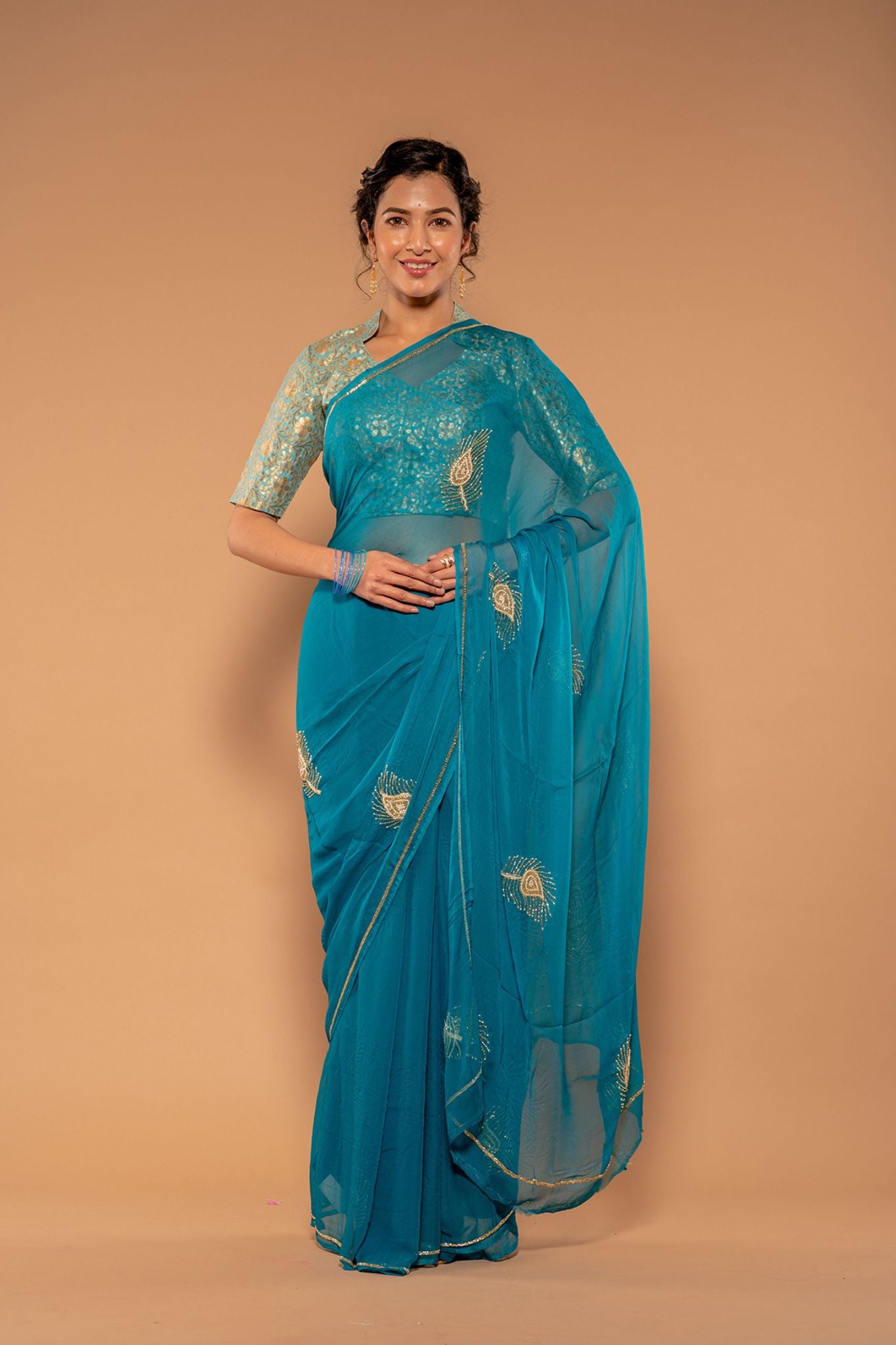 Rama Viscose Chiffon Aari Kardana Handwork  Saree