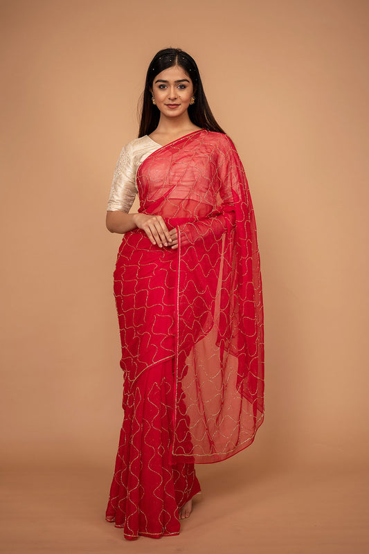 Red Viscose Chiffon All Over Kardhan Work Saree