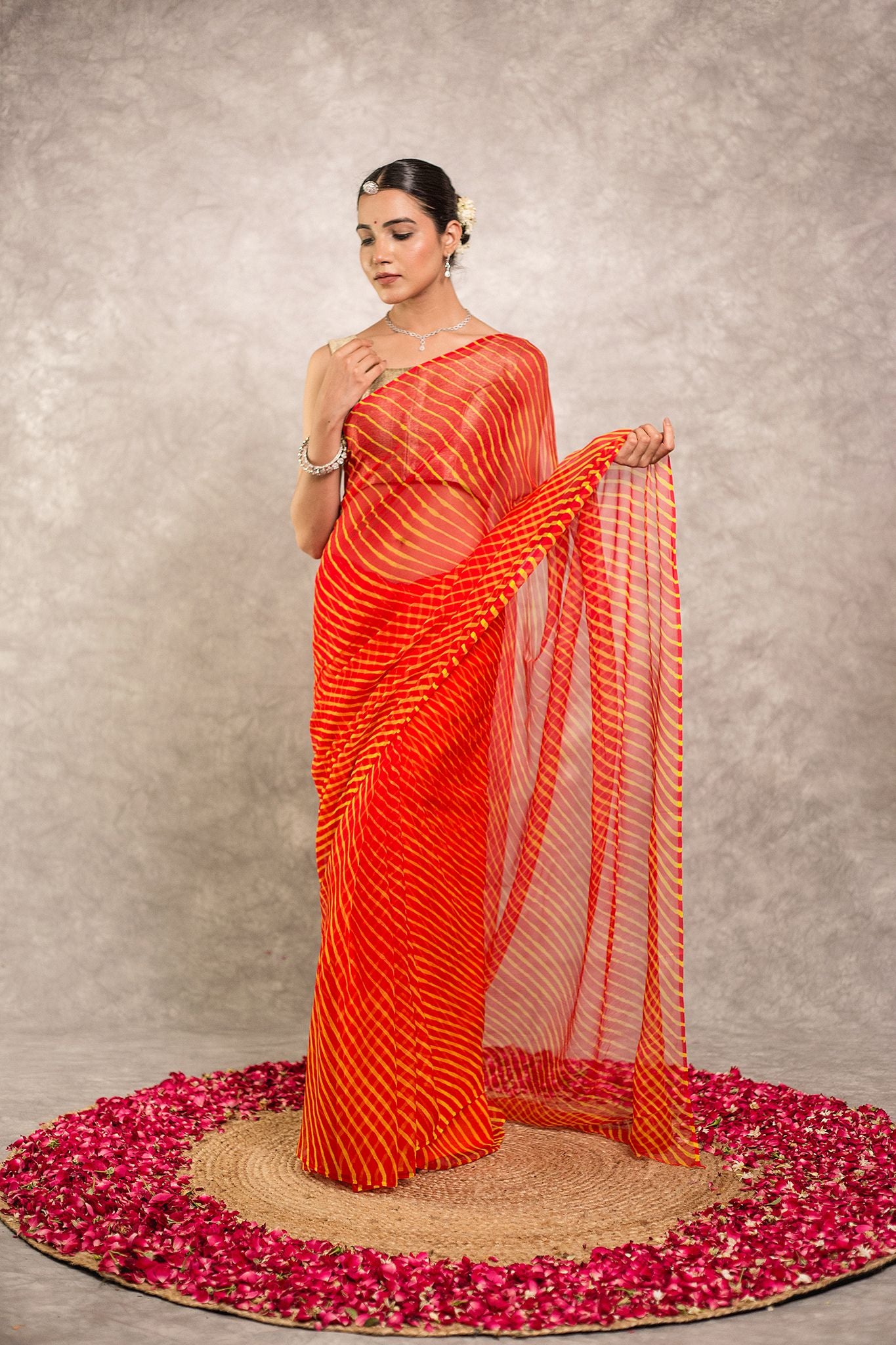 Orange lehariya Pure Georgette 20 Gsm plain hand dyed traditional wear saree