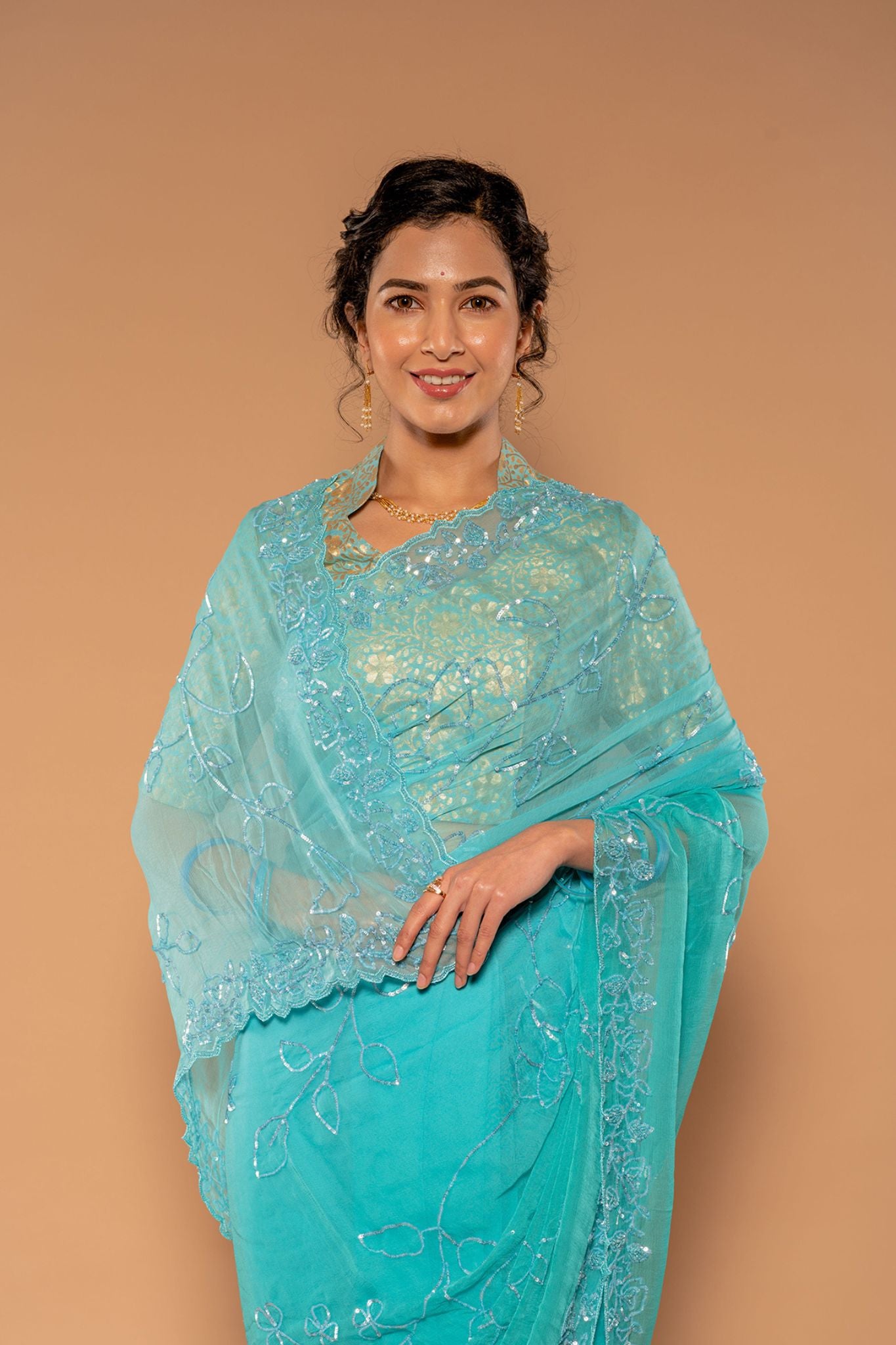 Sea Green Viscose Chiffon Siquins Jaal Handwork Party wear Saree