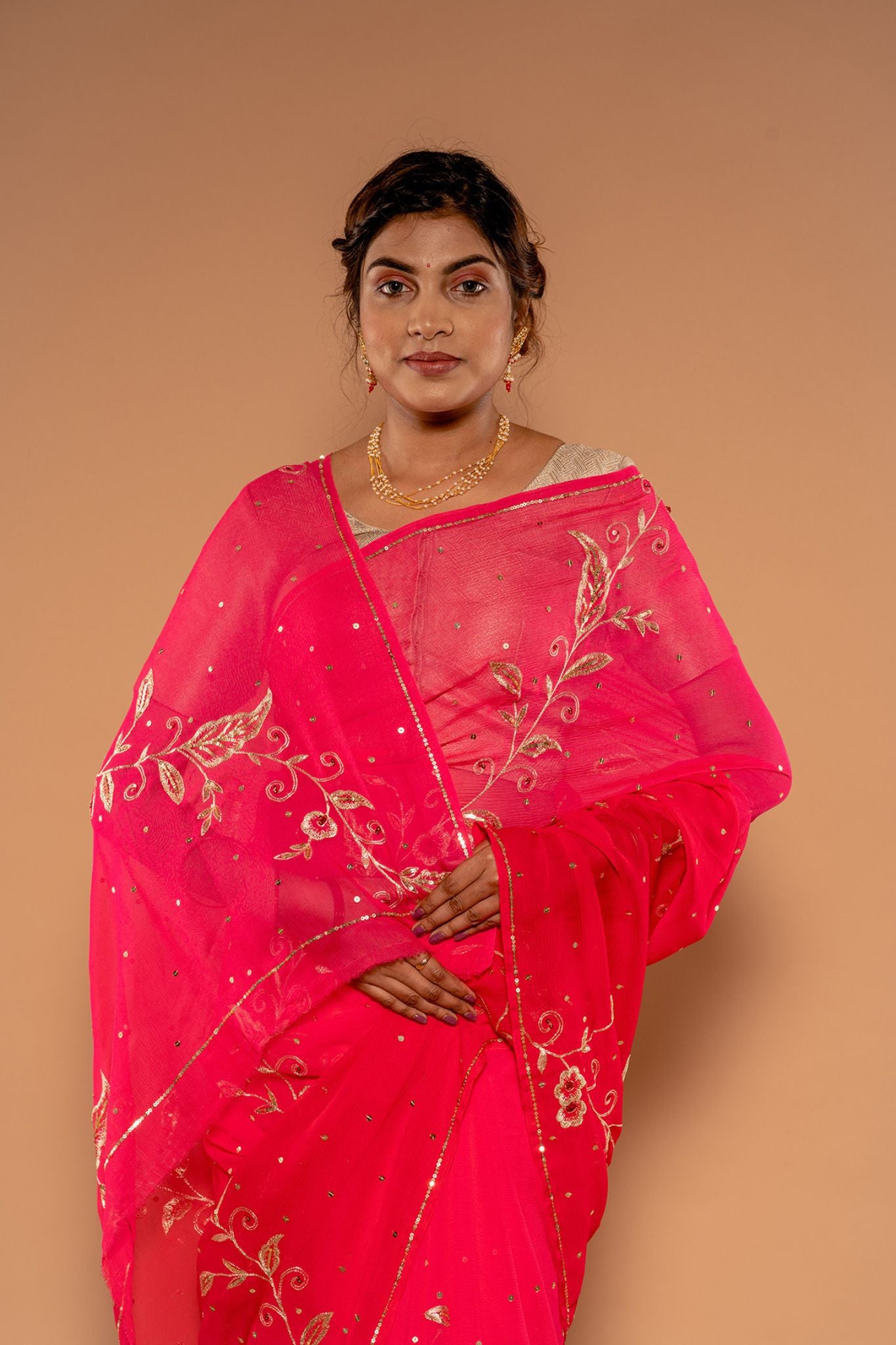 Gajri Pure Chiffon Aari sequins  Chaadi handwork Saree