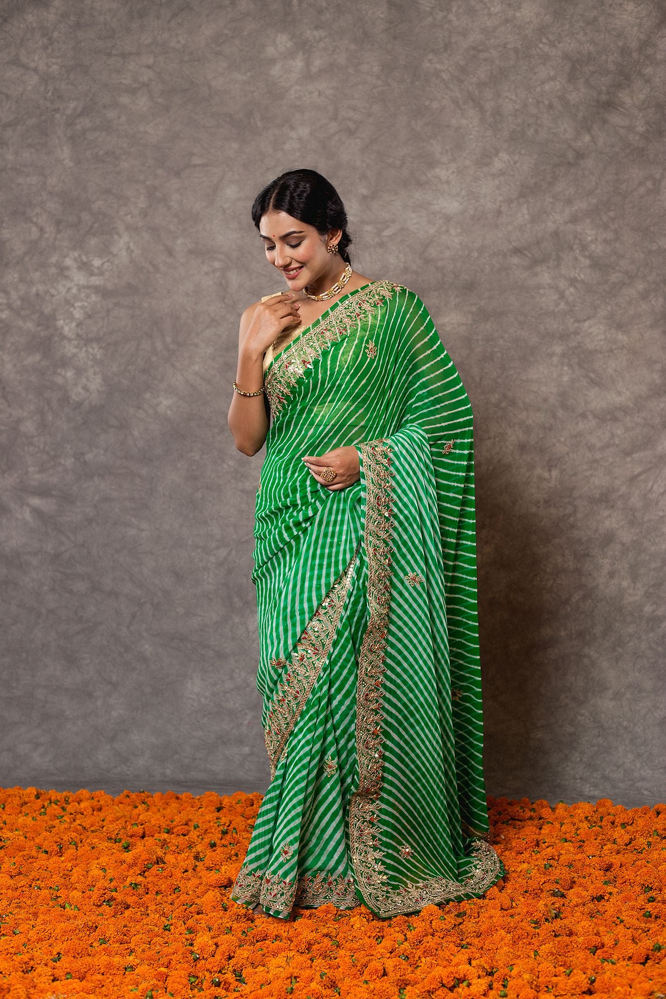 Green lehariya  Pure Georgette 20 Gsm gota pati border butti handwork traditional wear saree