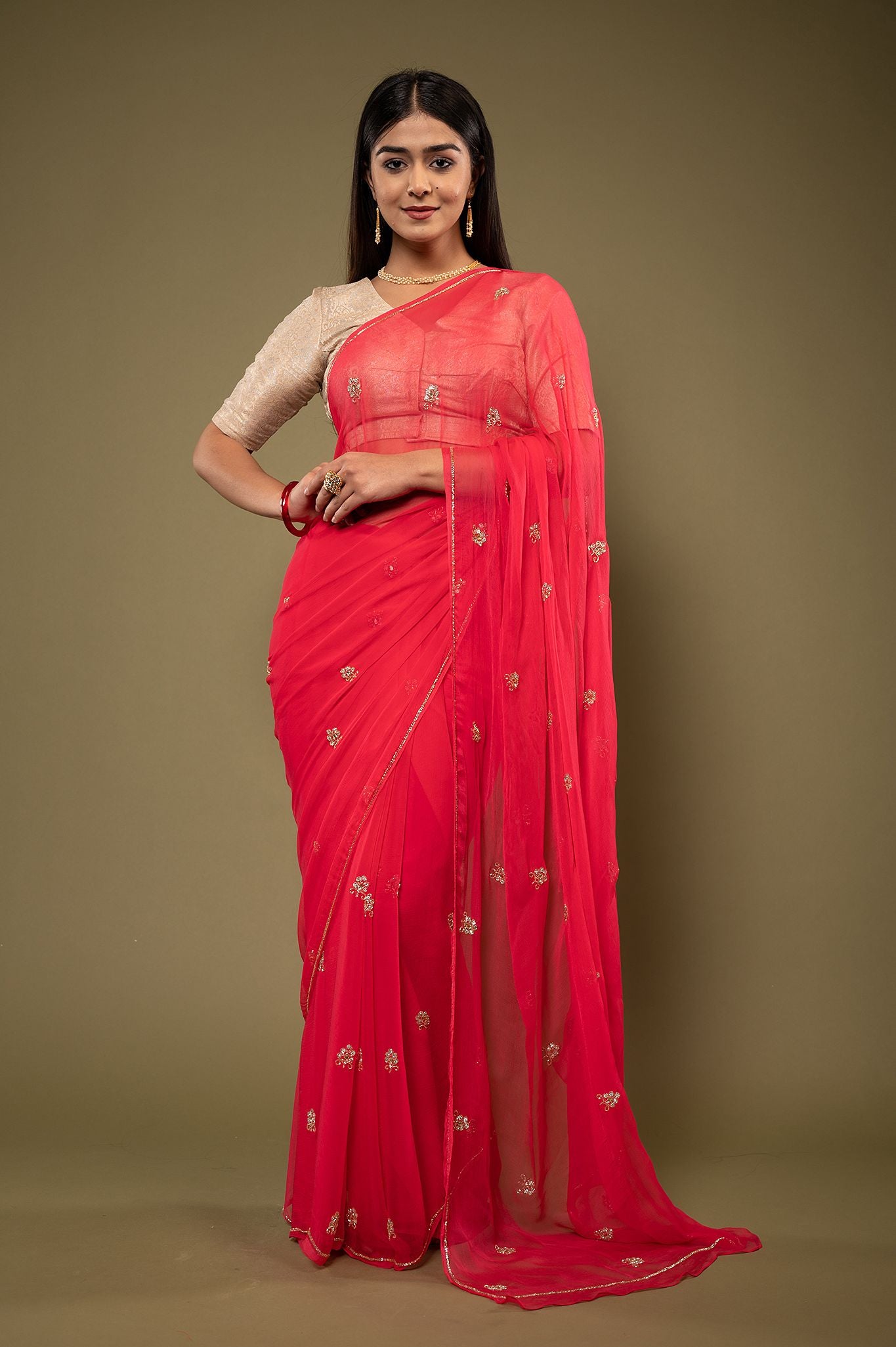 Red  viscose chiffon kardana kundan motif handwork casual wear saree