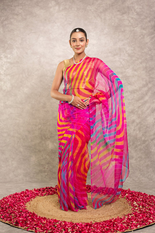 Multi coloured Pure Georgette Lehariya Saree