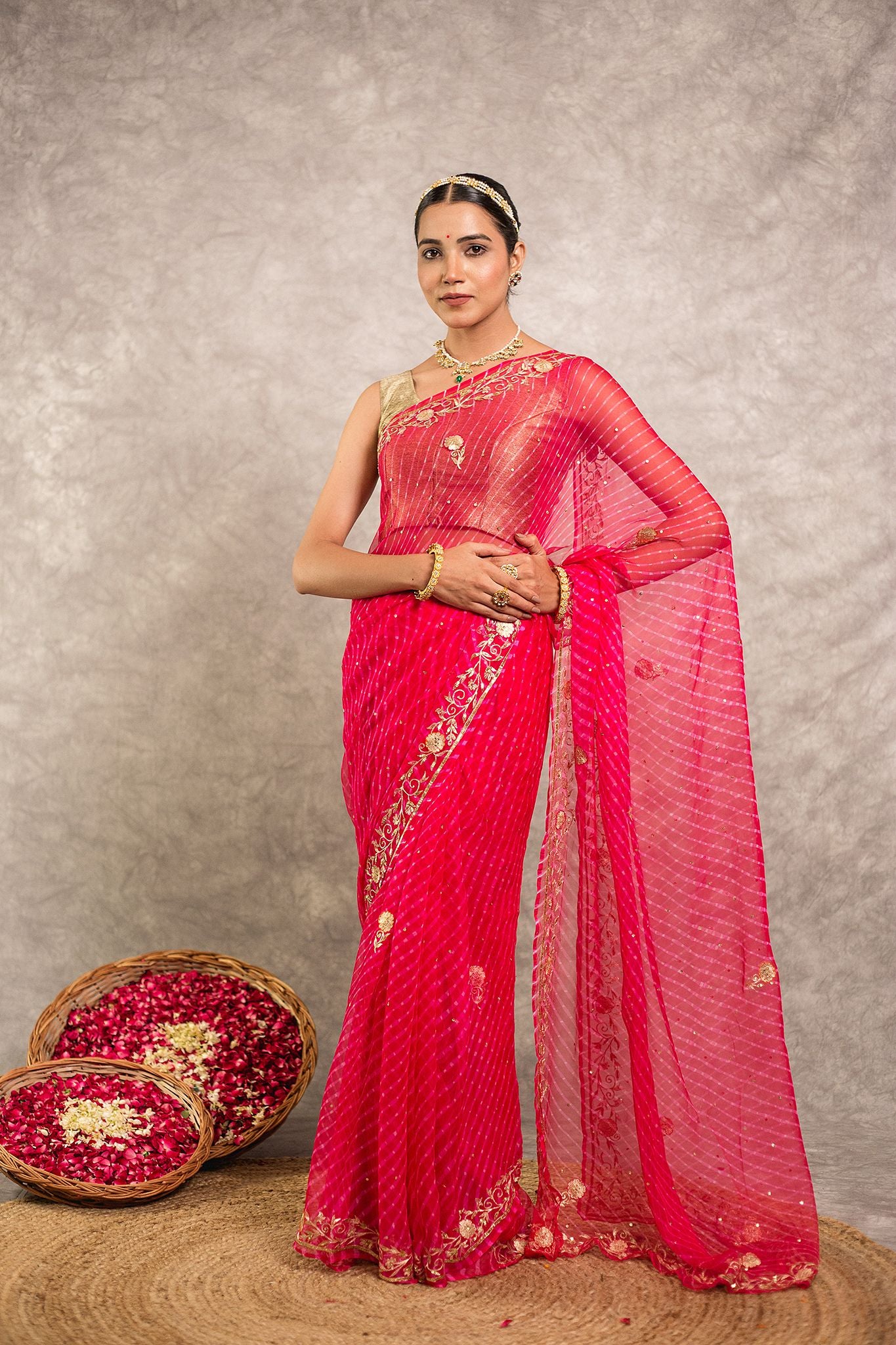Magenta Lehariya  Pure Georgette 20 Gsm aari sequins  border butti handwork traditional wear saree