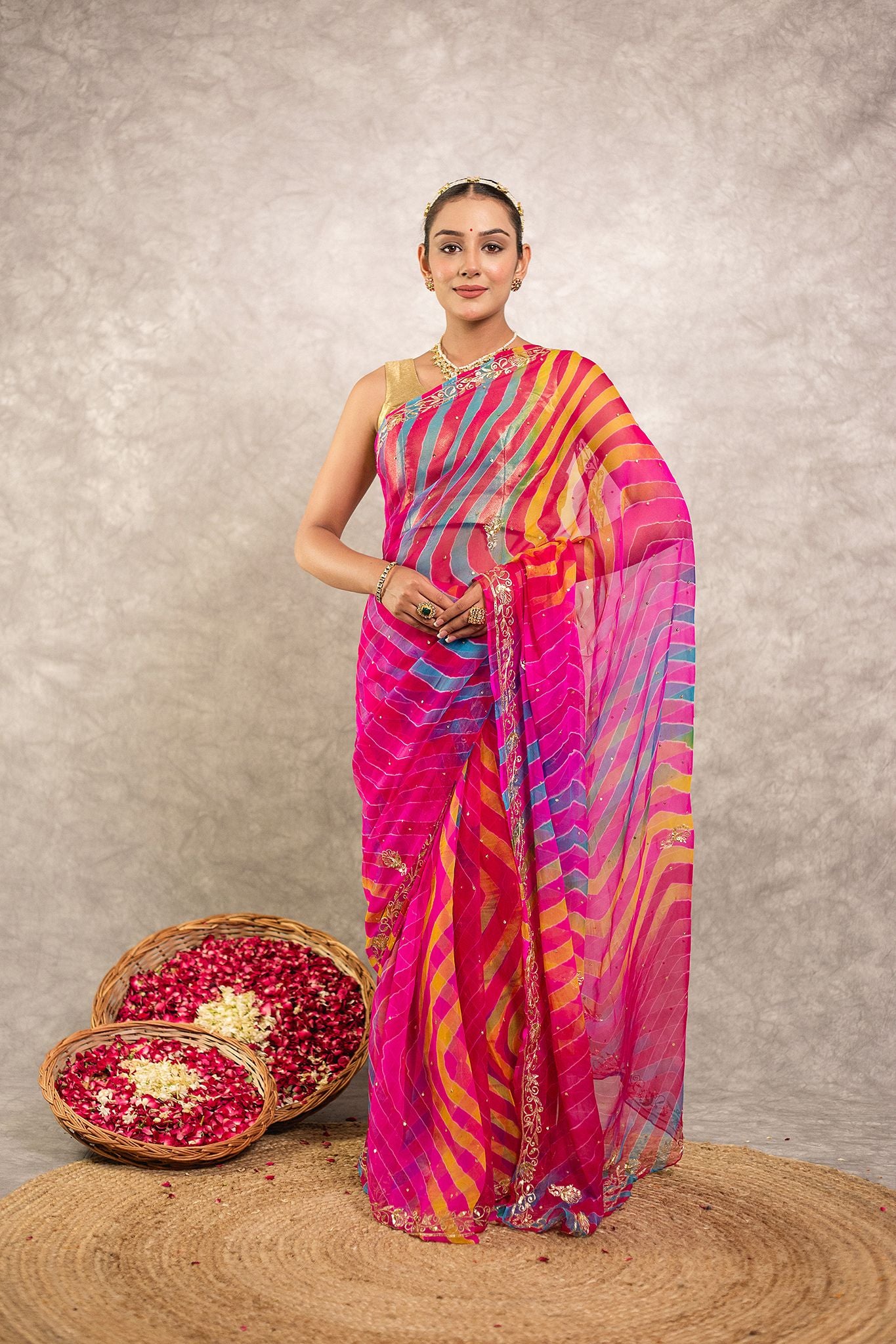 Multi lehariya  Pure Georgette 20 Gsm aari sequins  border butti handwork traditional wear saree