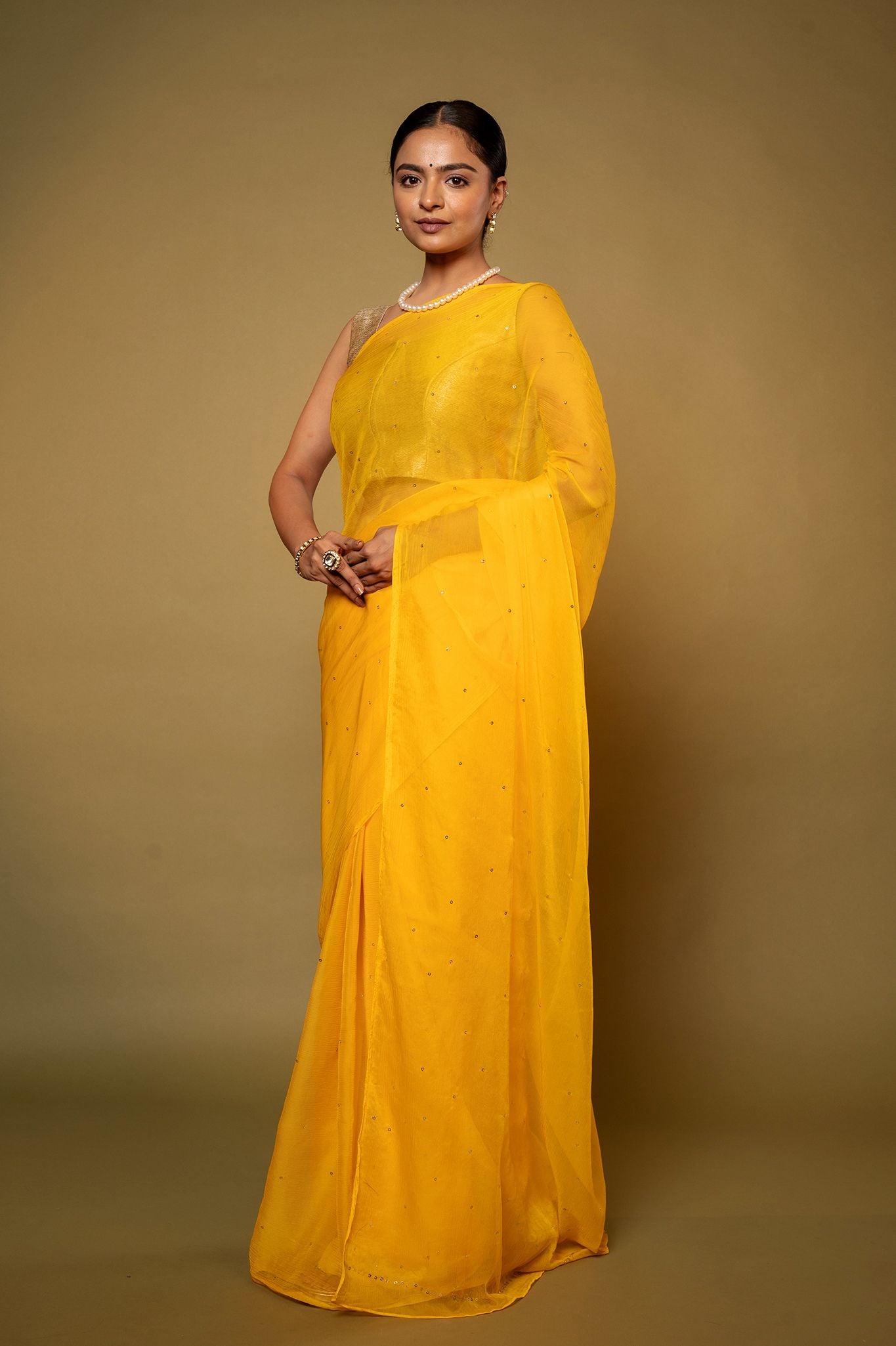 Yellow viscose chiffon Ringmukesh  handwork casual wear saree