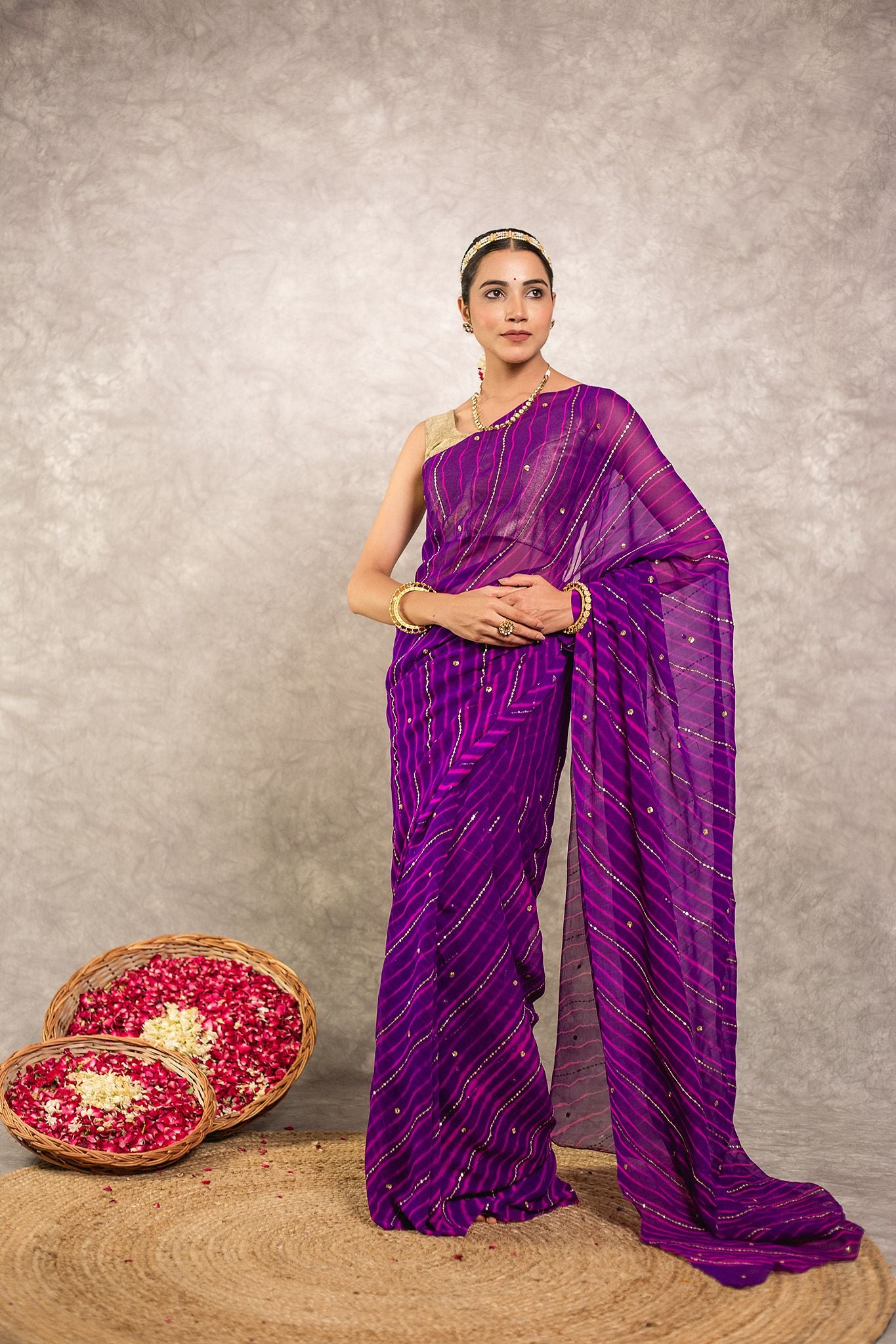 Purple lehariya  Pure Georgette 40 Gsm Aari tari  handwork traditional wear saree