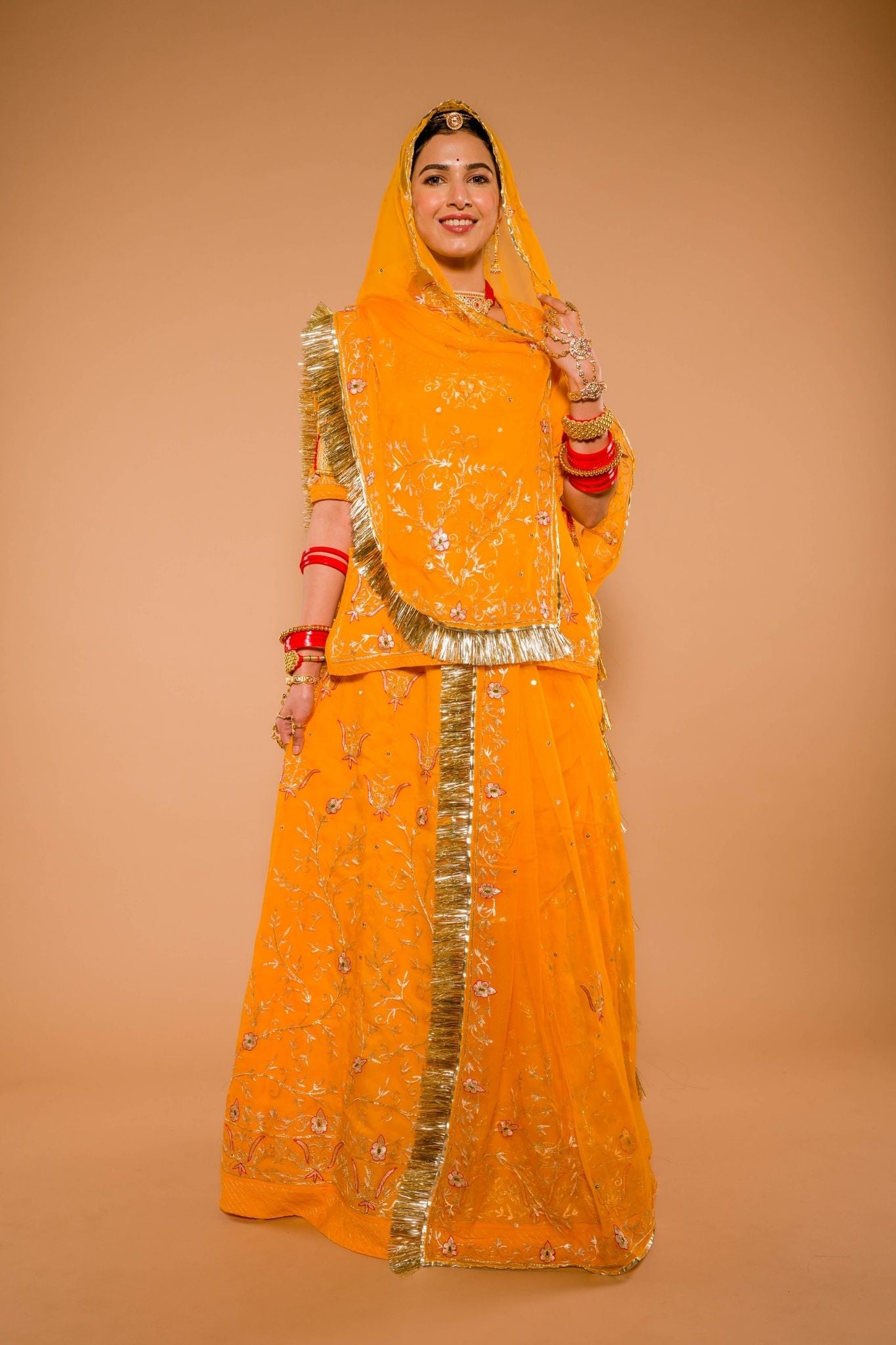 yellow bamber satin aari sequins  handwork poshak with pure odhna
