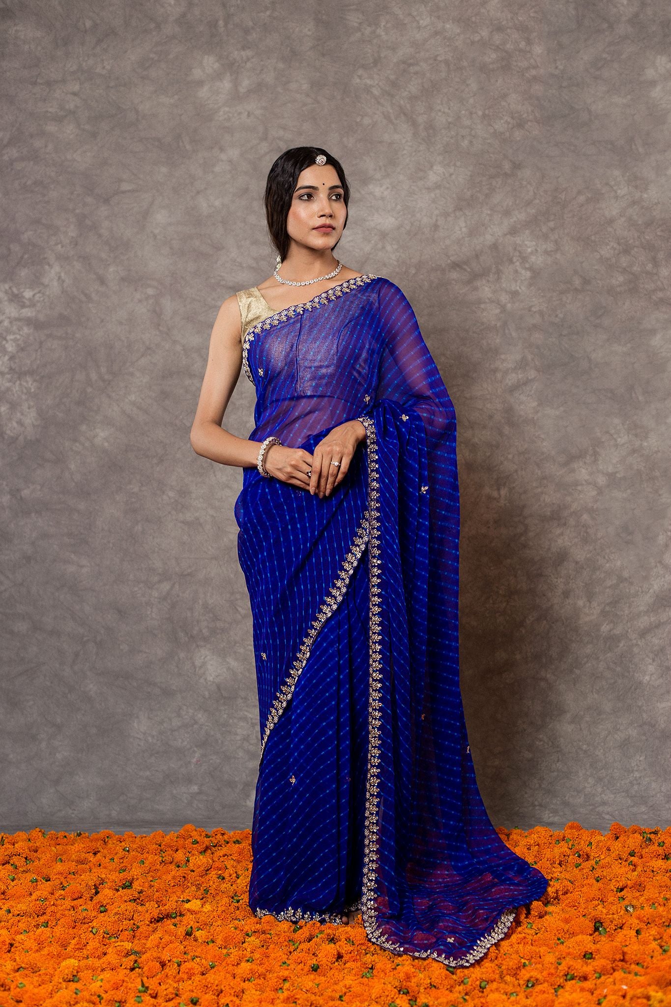 Blue Lehariya Pure Georgette 20 Gsm Kardana sequins  border butti handwork traditional wear saree