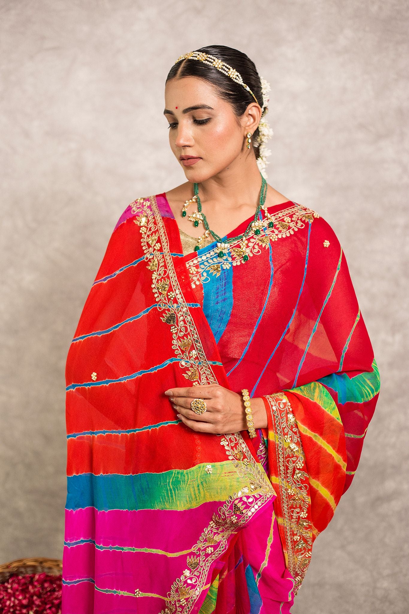 Multi lehariya  Pure Georgette 40 Gsm Gotta Pati border butti handwork traditional wear saree