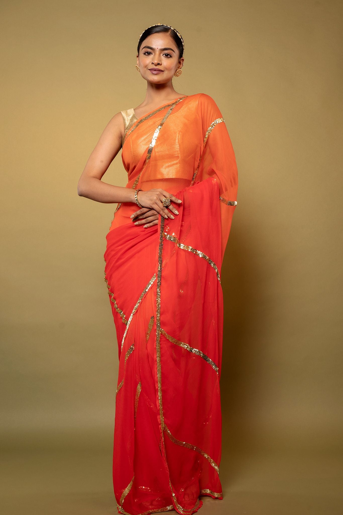 Orange light dark Viscose Chiffon sequins   handwork party wear saree