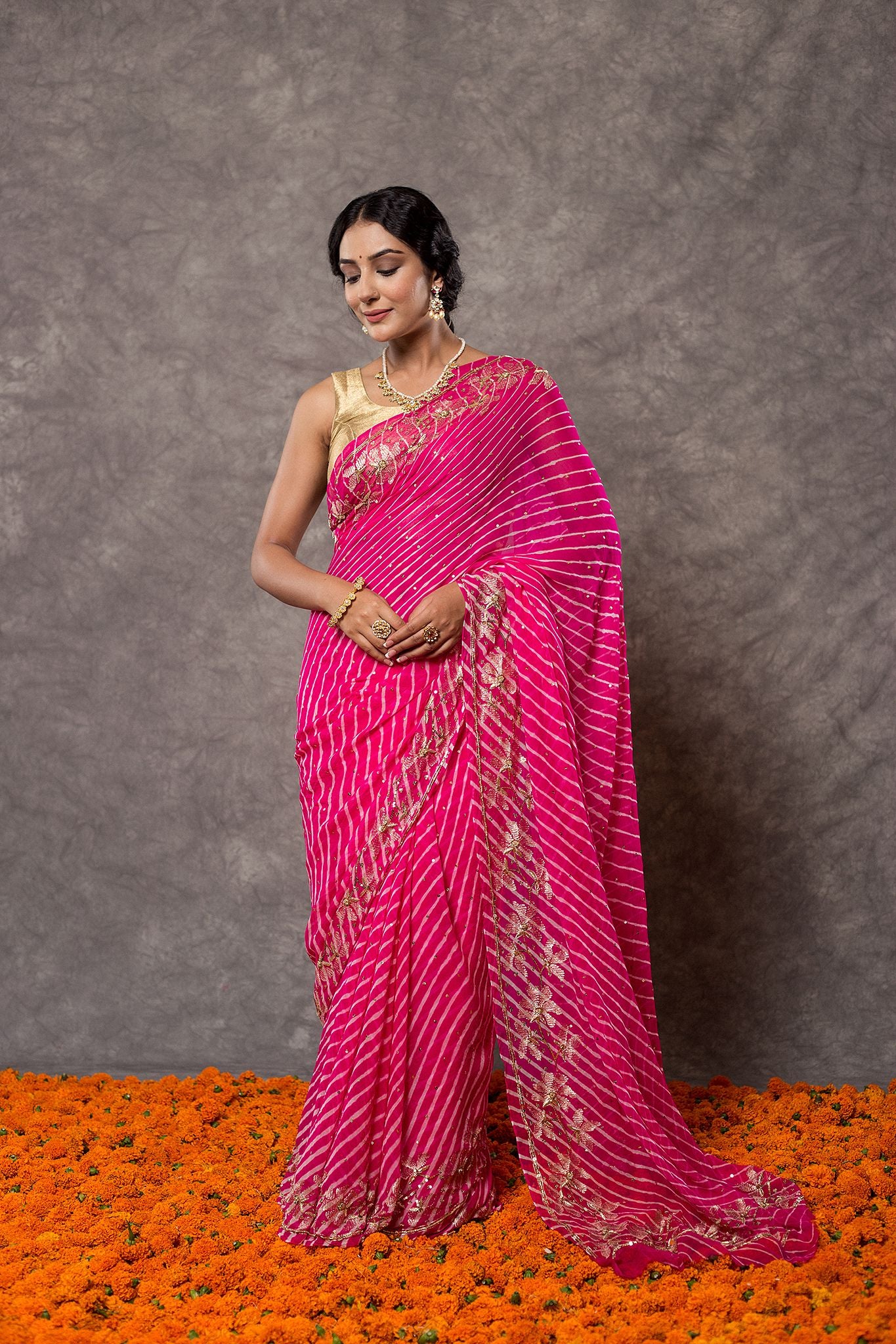 Rani Lehariya  Pure Georgette 20 Gsm aari sequins  border butti handwork traditional wear saree