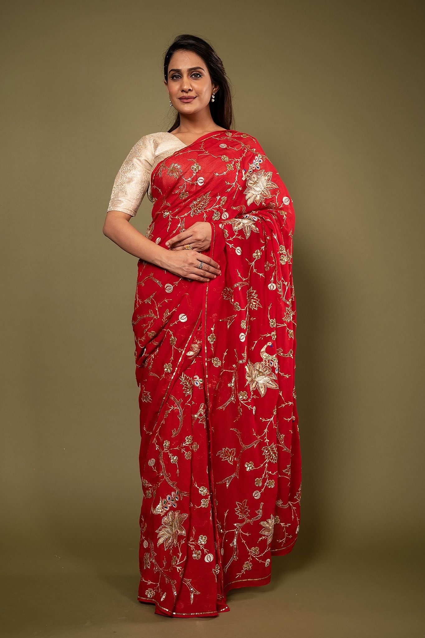 red pure chiffon aari sequins  jaal handwork saree