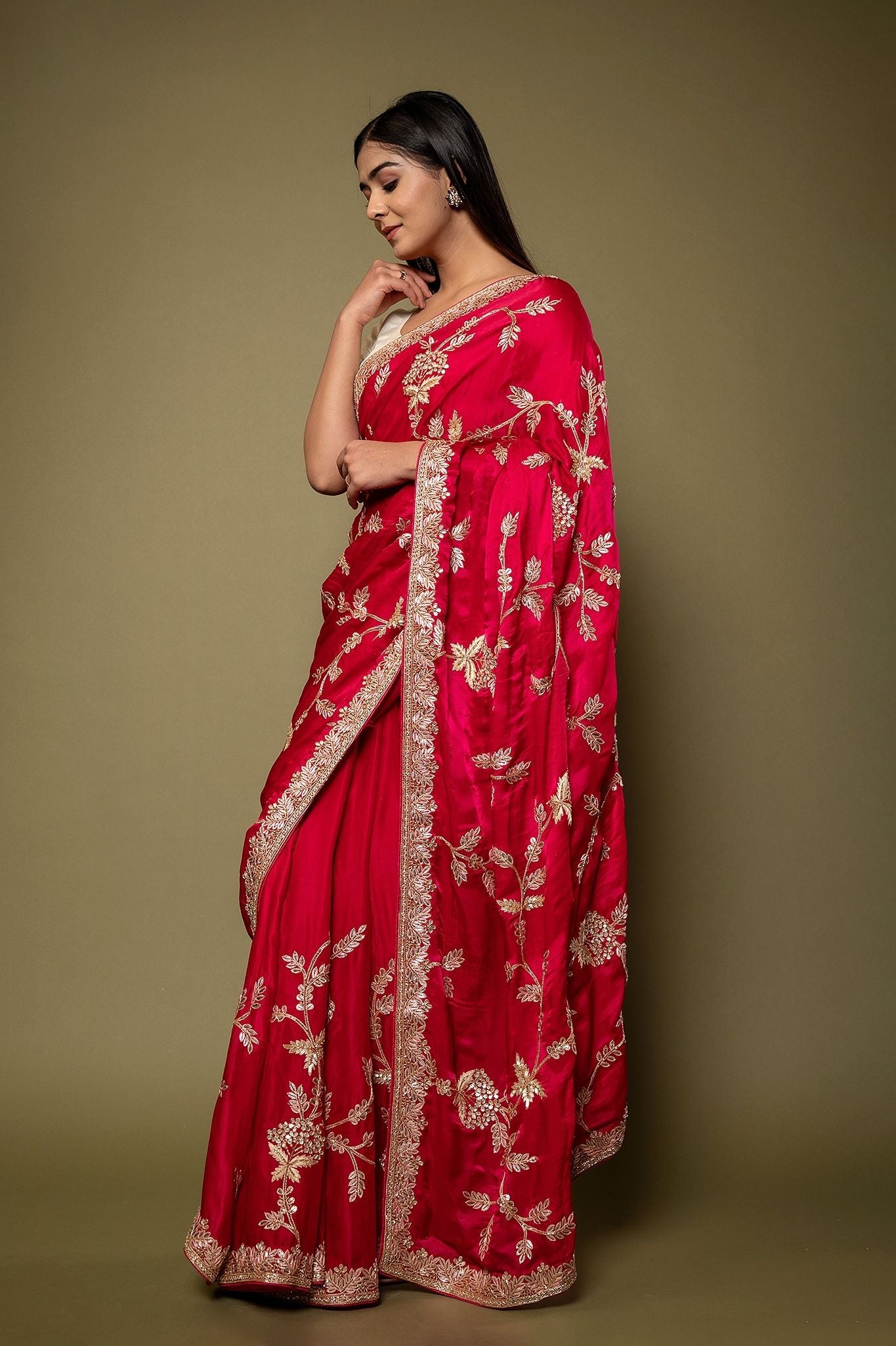 Red Pure Silk Satin aari gotta parti border butti jaal handwork saree