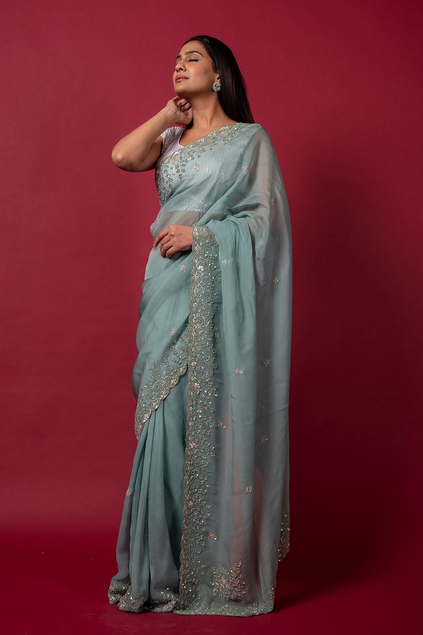 Sea Green  Tissue organza sequins kardana handwork saree
