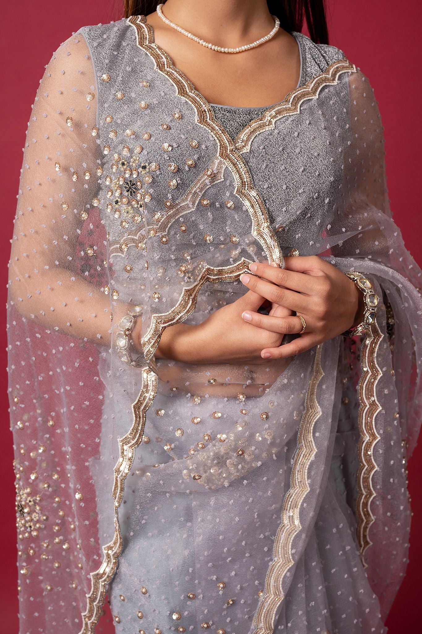 Grey Tissue organza pearl  sequins  handwork saree