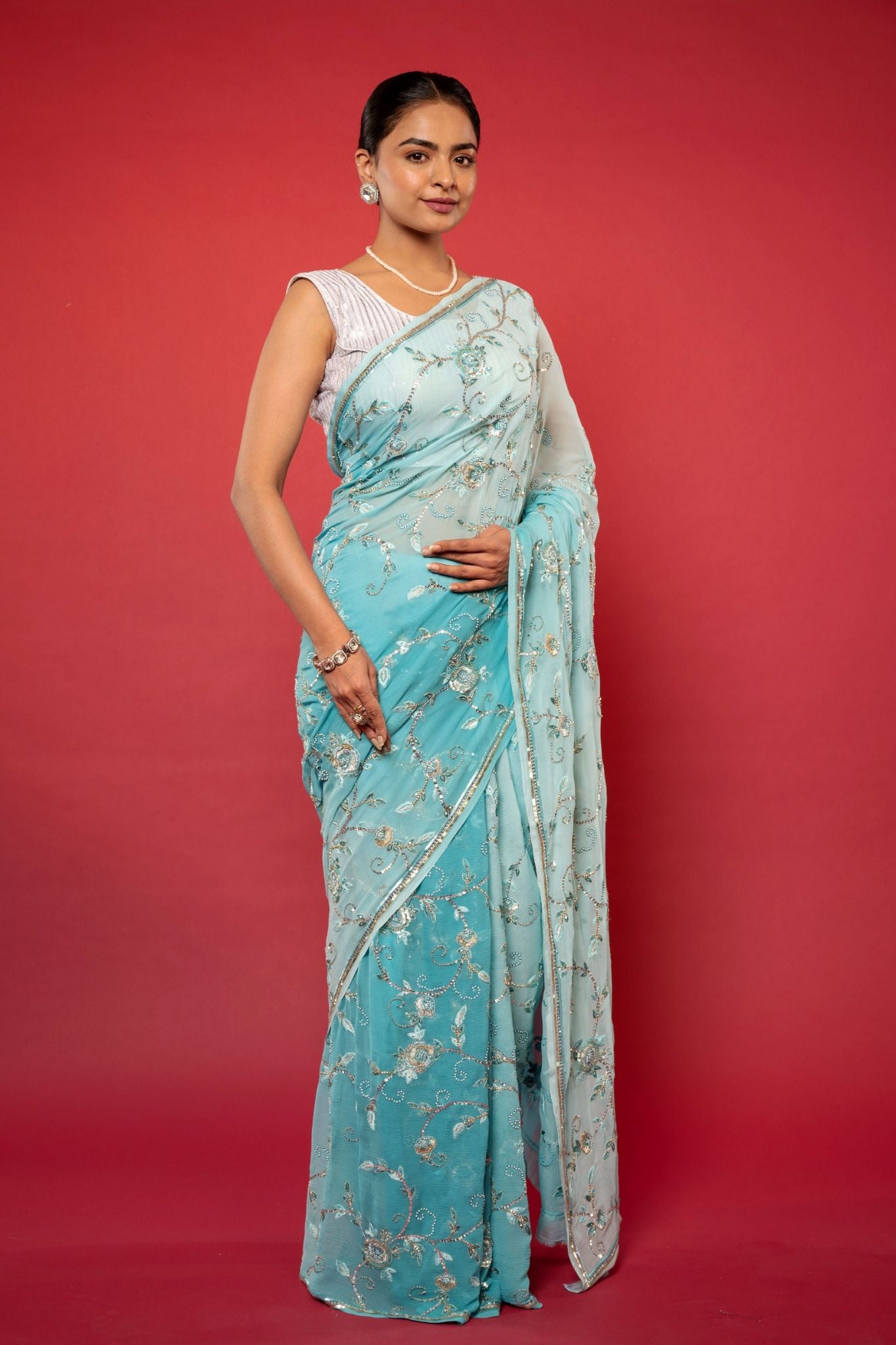 Sky blue light dark pure chiffon Aari sequins  resham pearl work handwork saree