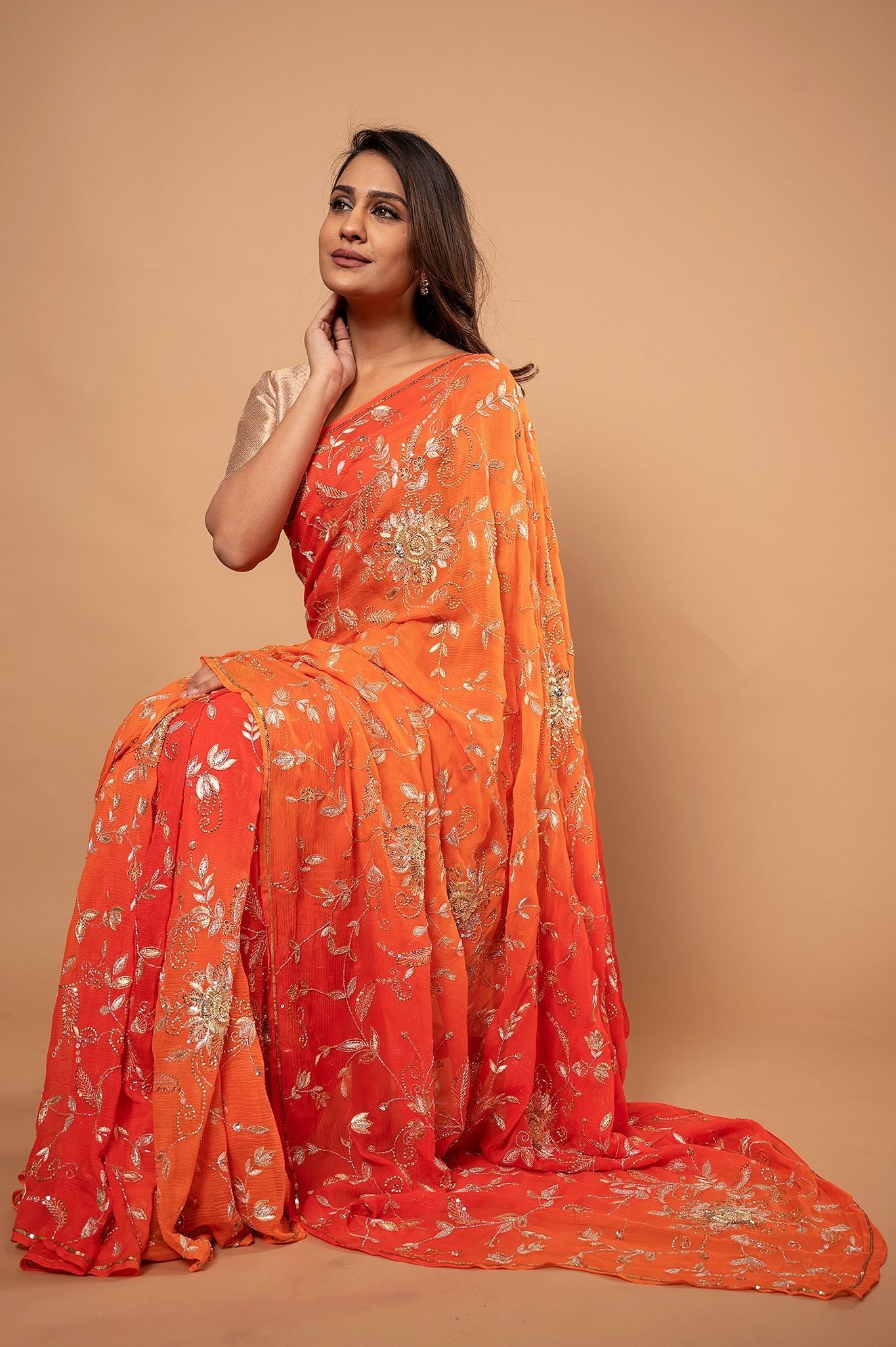 Orange light dark pure chiffon aari sequins  zardozi jaal handwork saree
