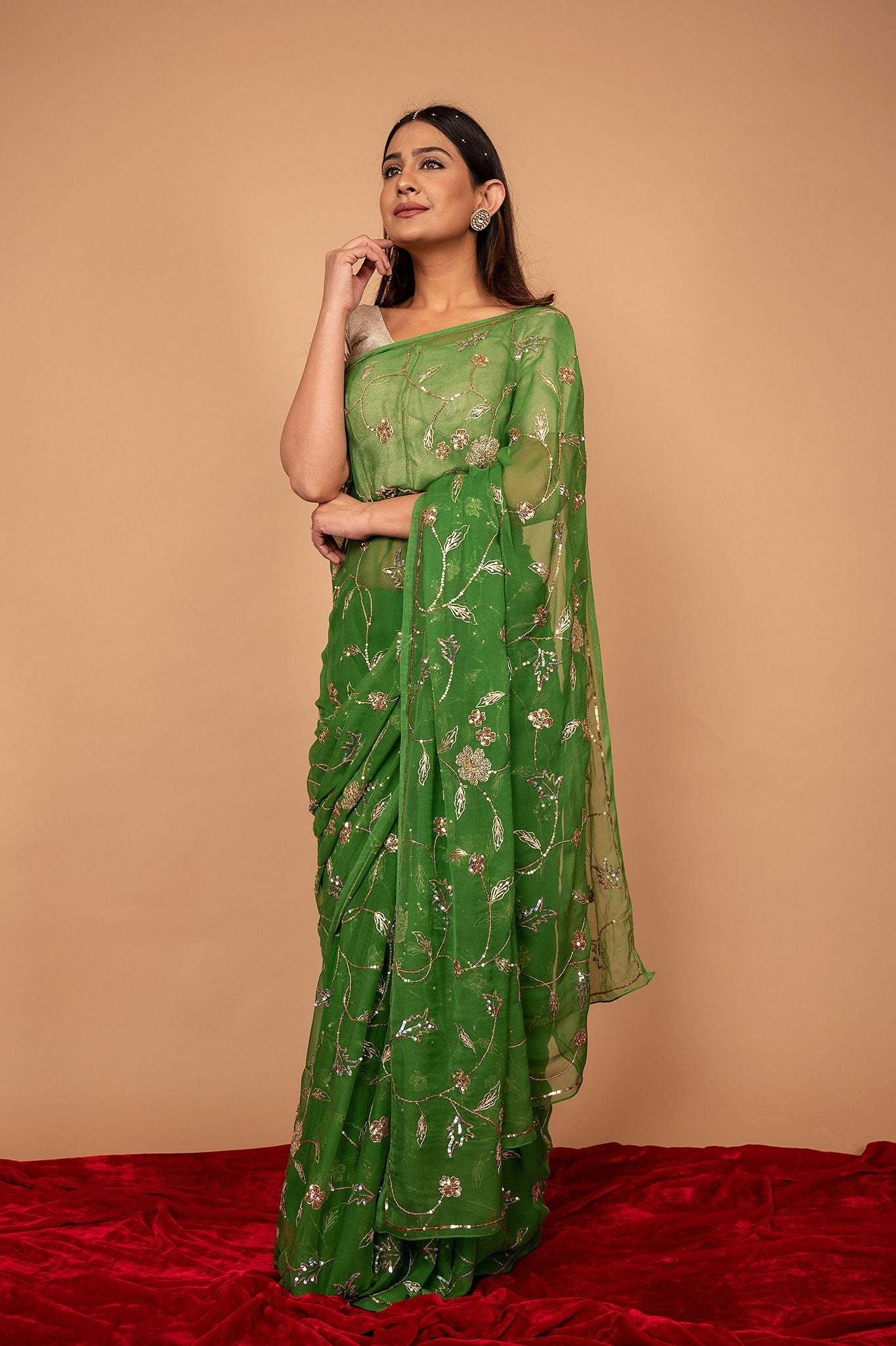 Green Viscose Chiffon Aari sequins  Jaal handwork party wear Saree
