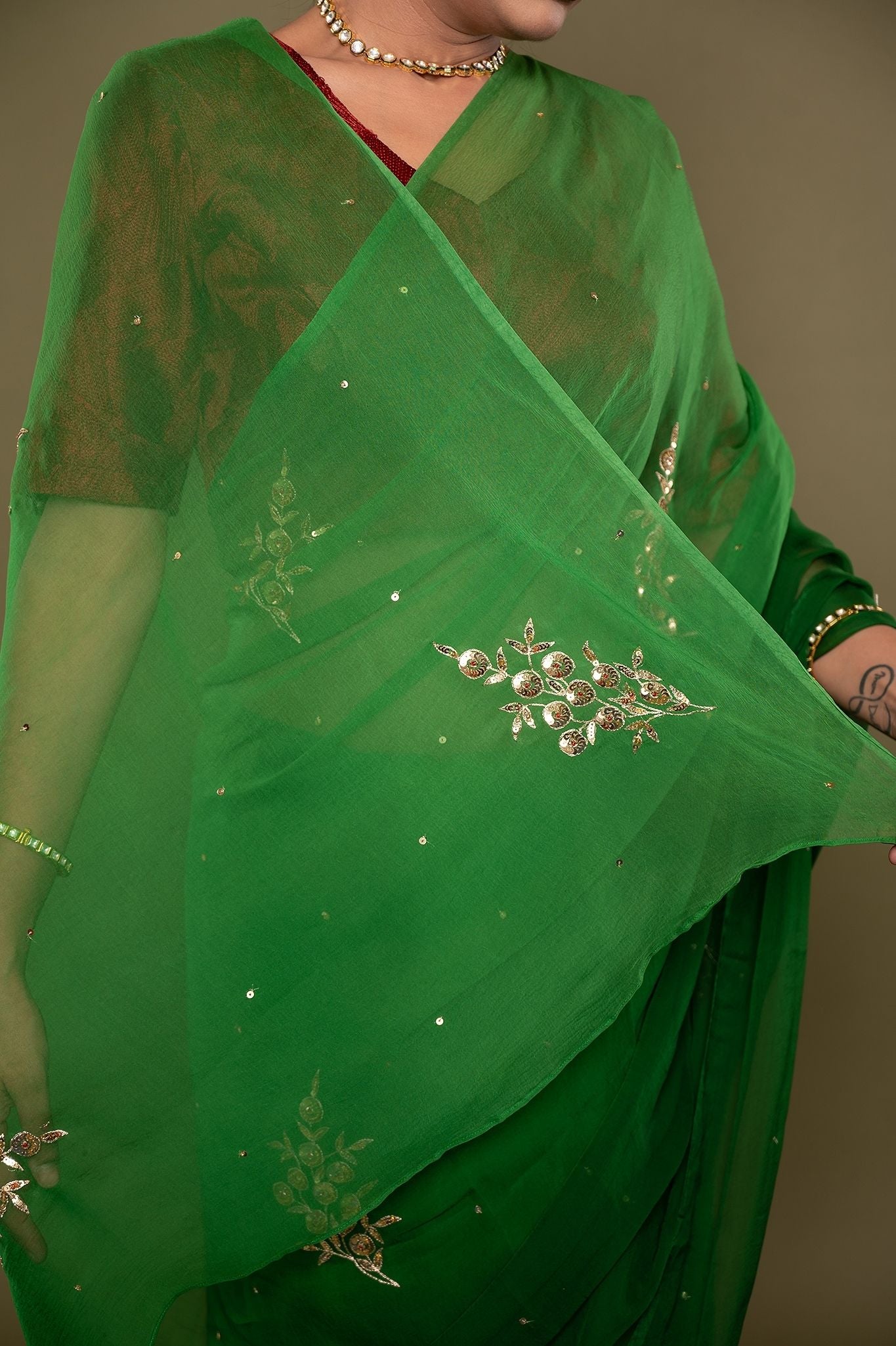 Green viscose chiffon aari sequns handwork saree
