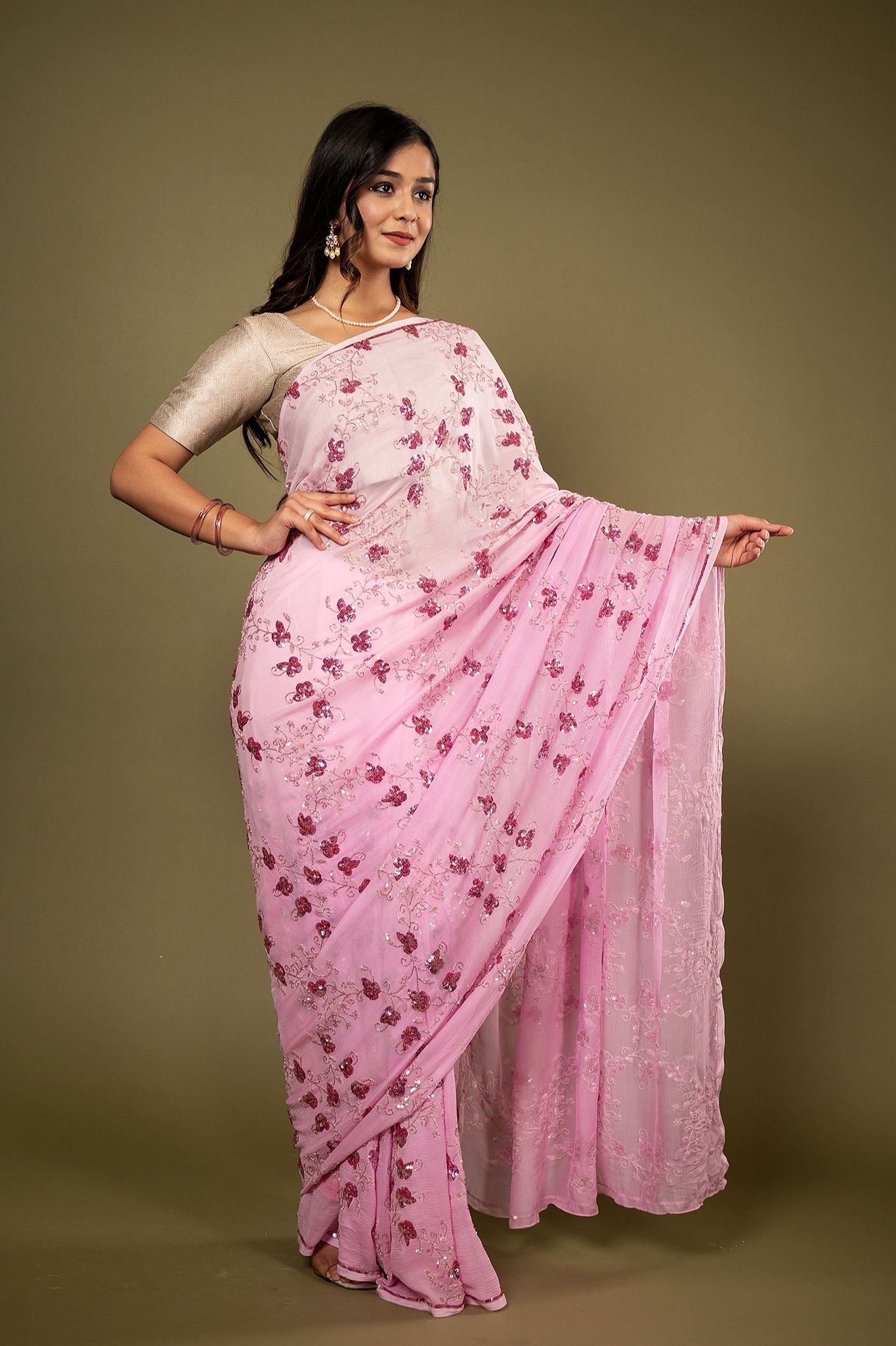 Pink light dark Pure Chiffon sequins  kardana jaal handwork saree