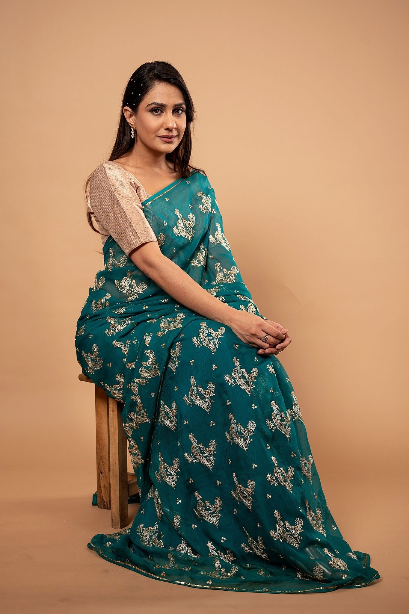 Rama green pure chiffon Aari motif handwork saree