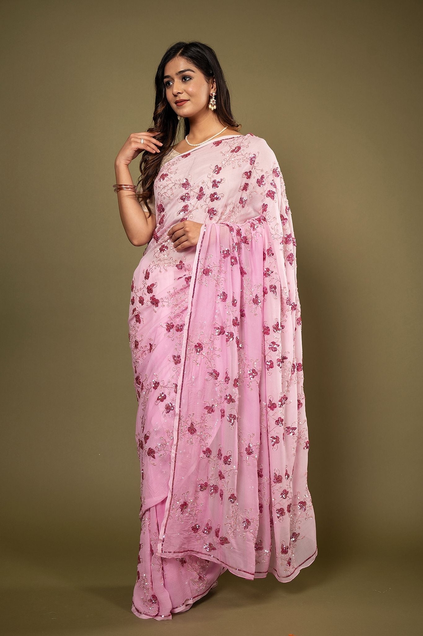 Pink light dark Pure Chiffon sequins  kardana jaal handwork saree