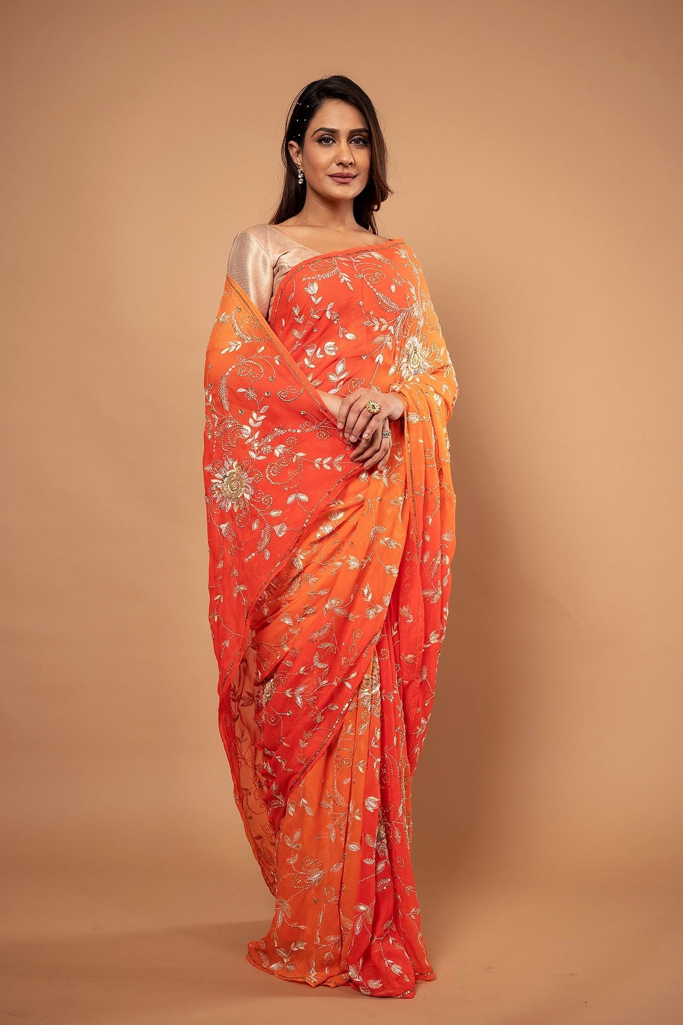 Orange light dark pure chiffon aari sequins  zardozi jaal handwork saree