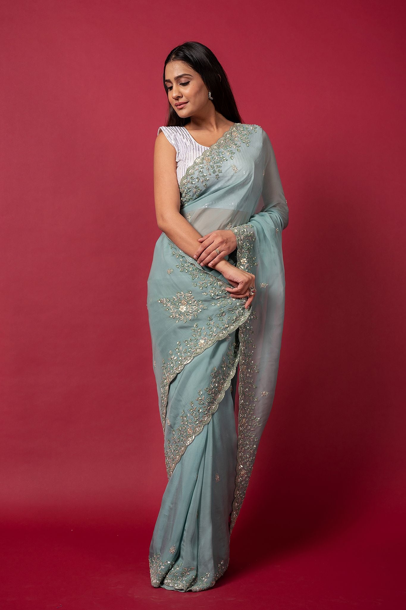Sea Green  Tissue organza sequins kardana handwork saree