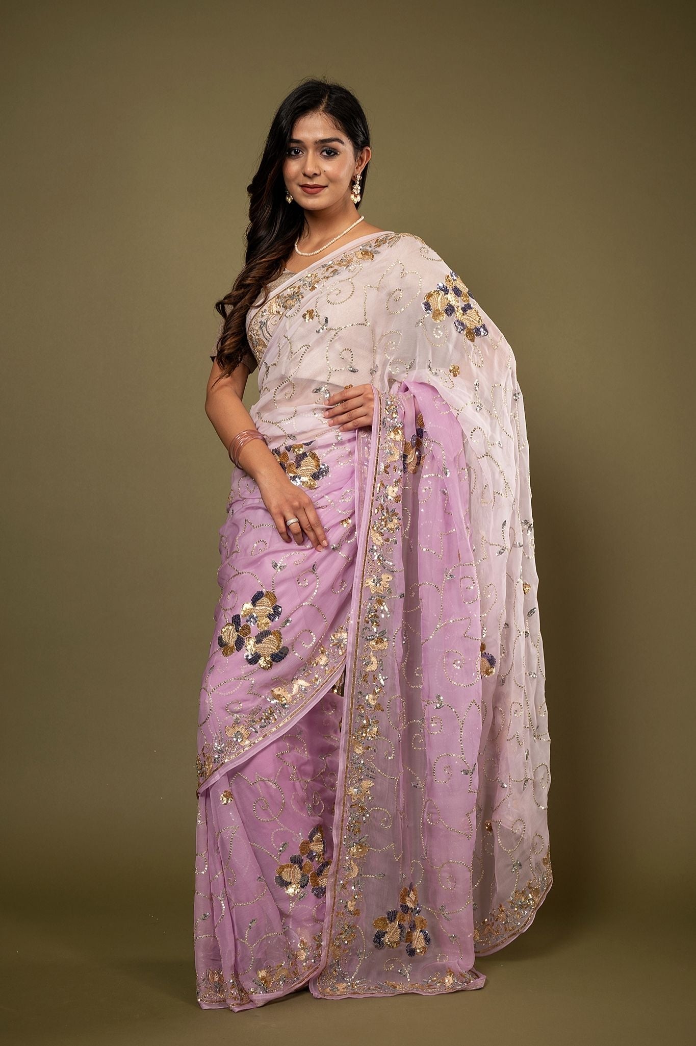 Pink light dark pure chiffon aari sequins  zardozi border jaal handwork saree