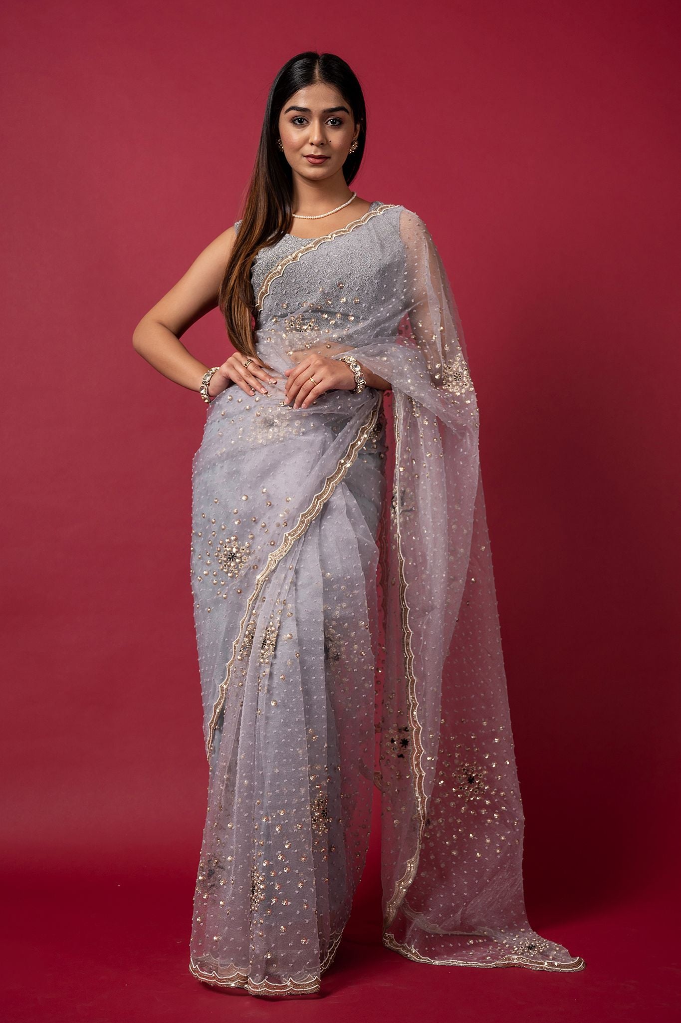 Grey Tissue organza pearl  sequins  handwork saree
