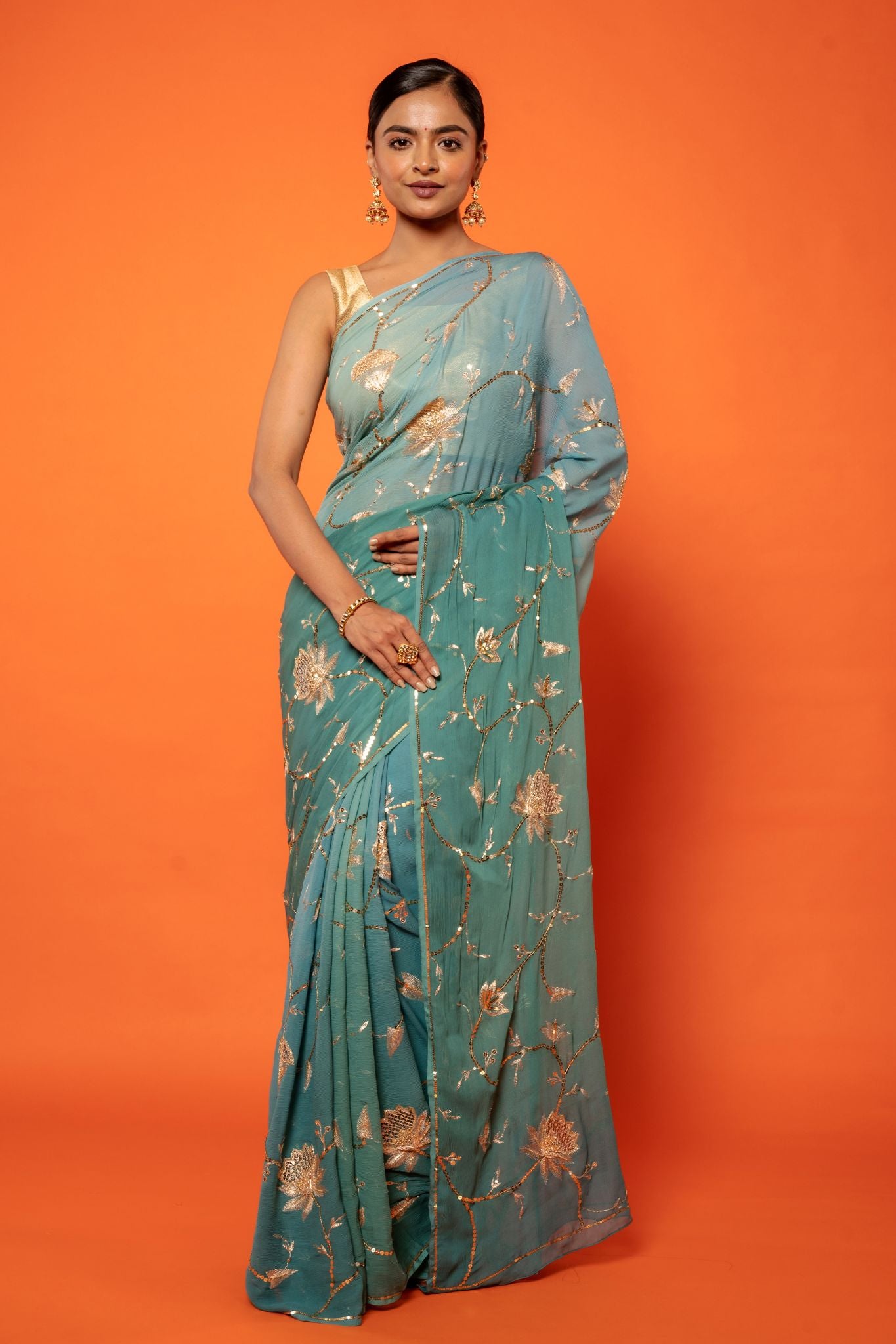Greyish blue pure chiffon aari sequins  jaal handwork saree