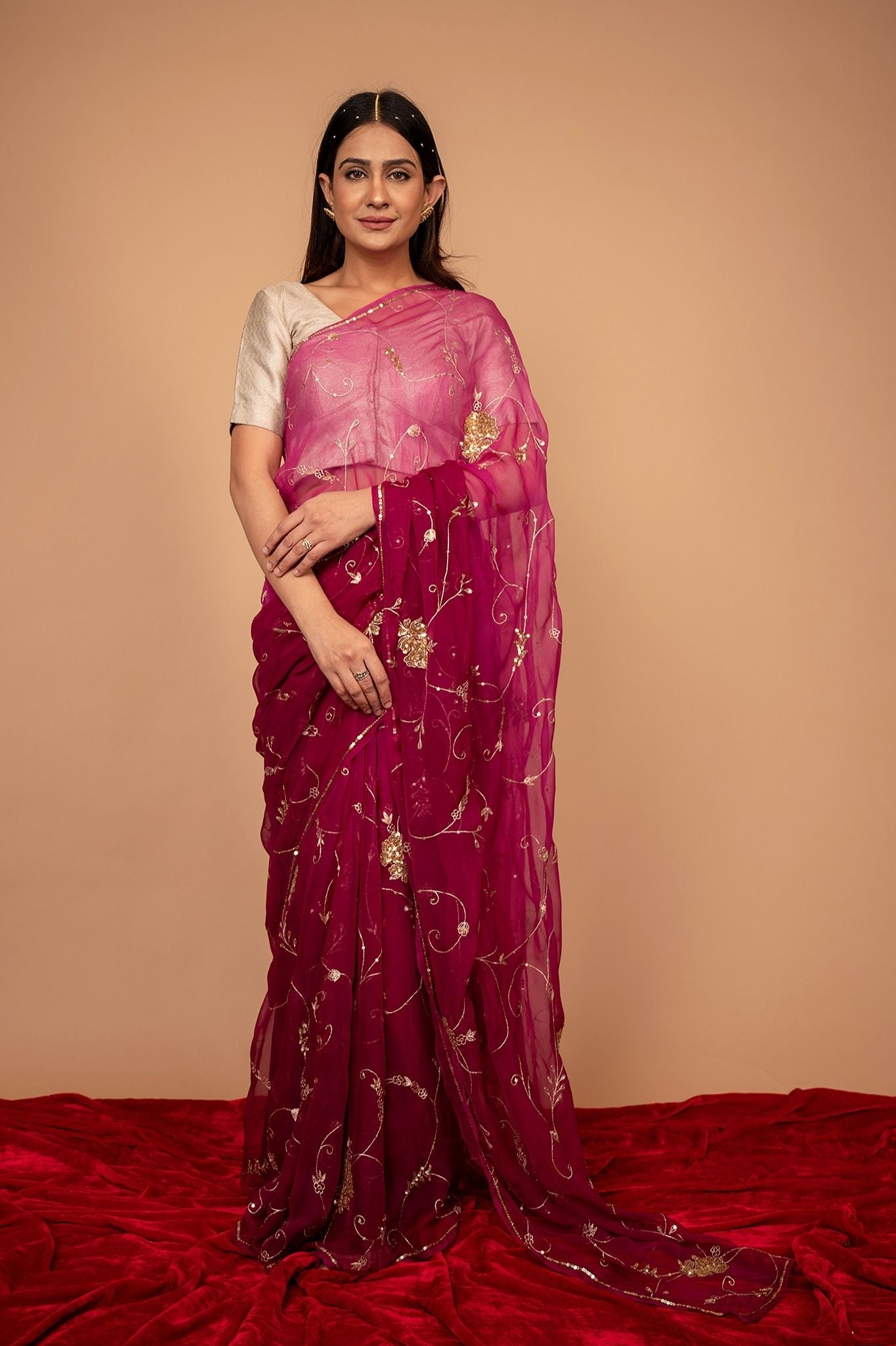 Wine Viscose Chiffon Aari sequins  Jaal Handwork party wear Saree