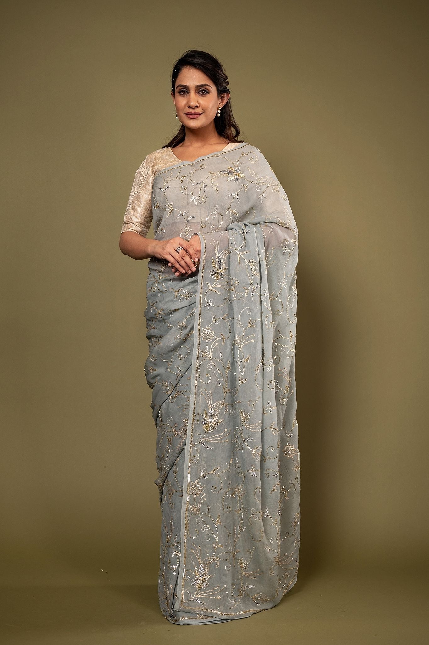Grey Pure Chiffon aari sequins  jaal handwork saree