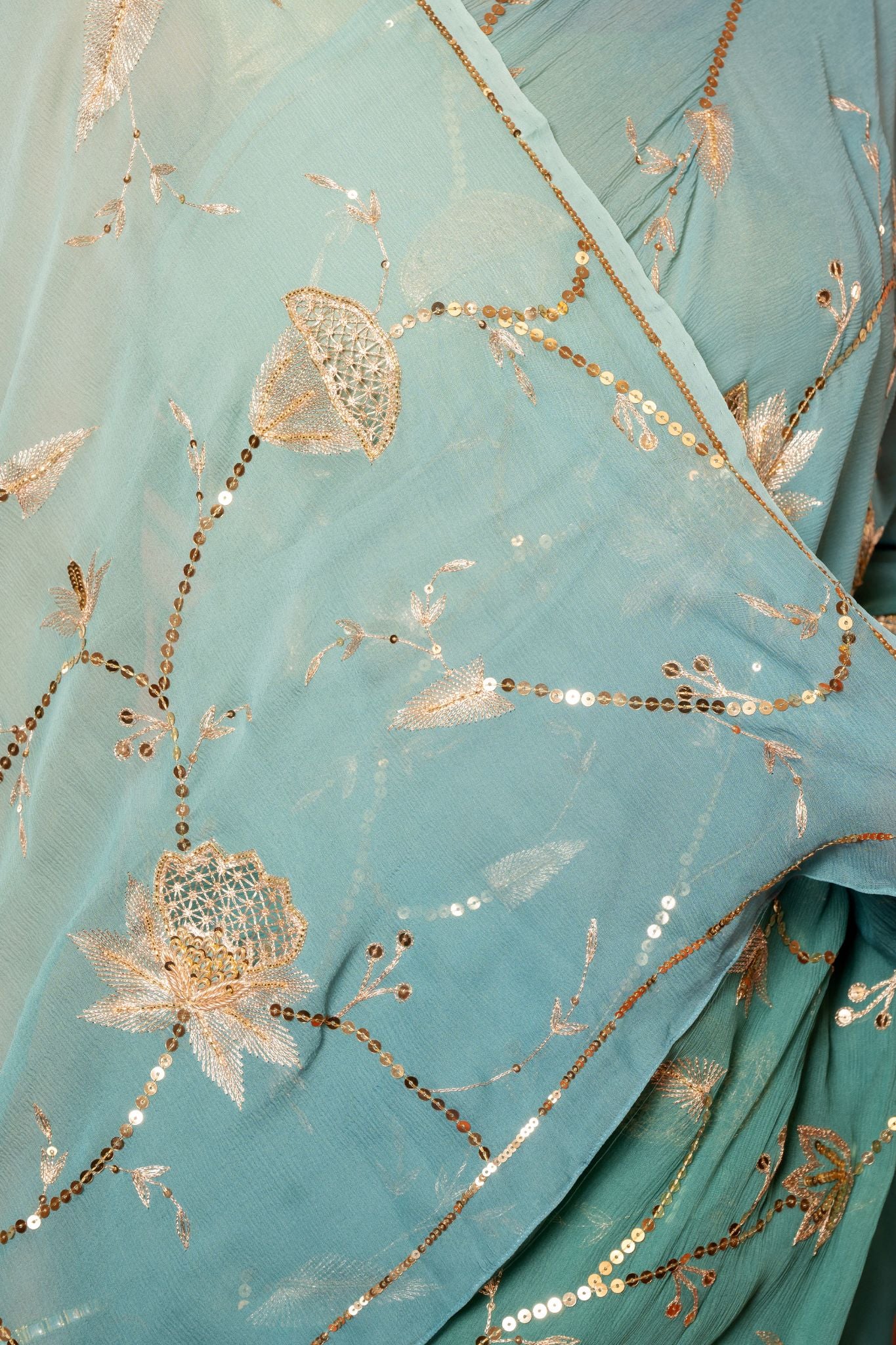 Greyish blue pure chiffon aari sequins  jaal handwork saree