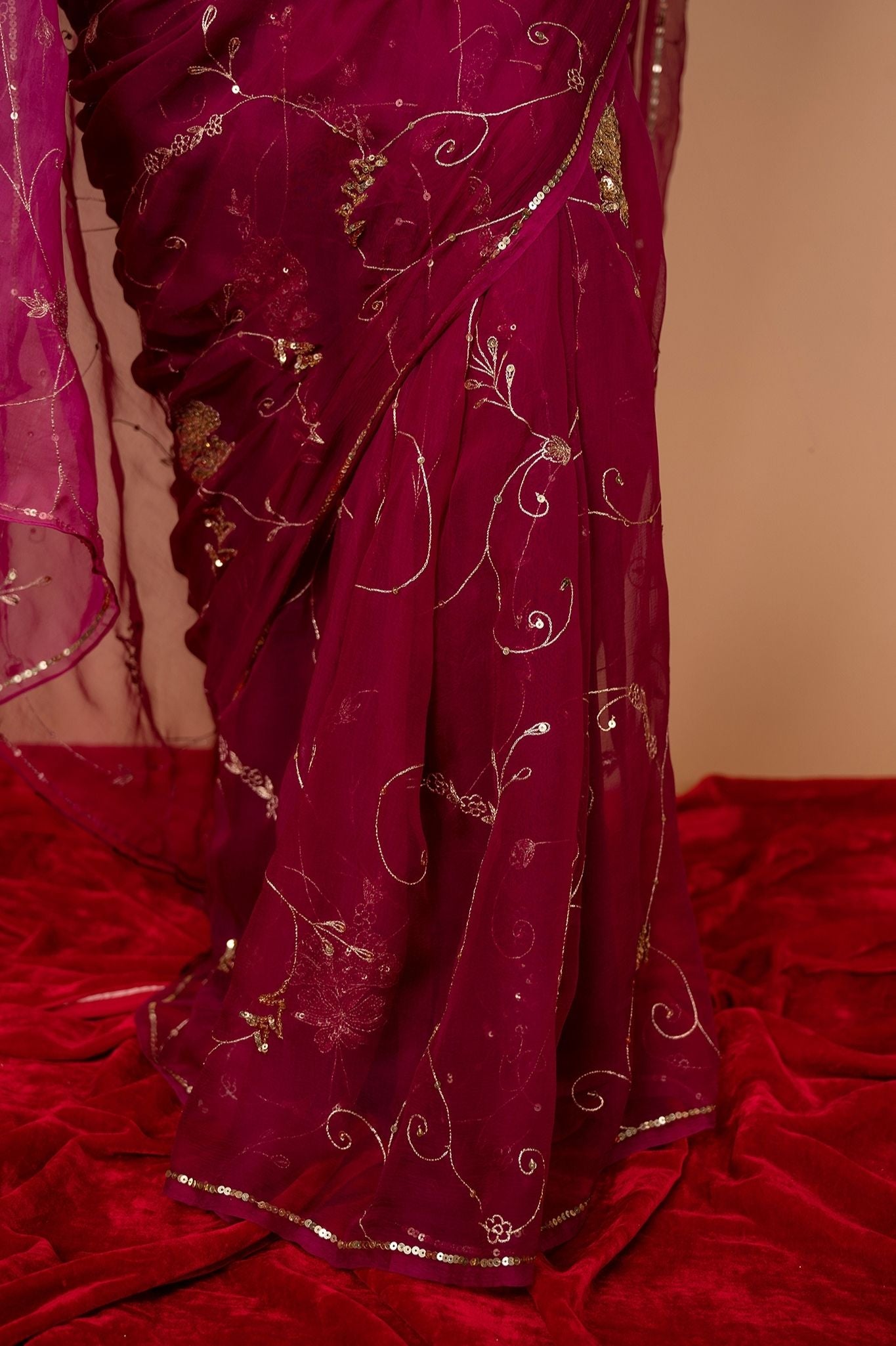 Wine Viscose Chiffon Aari sequins  Jaal Handwork party wear Saree