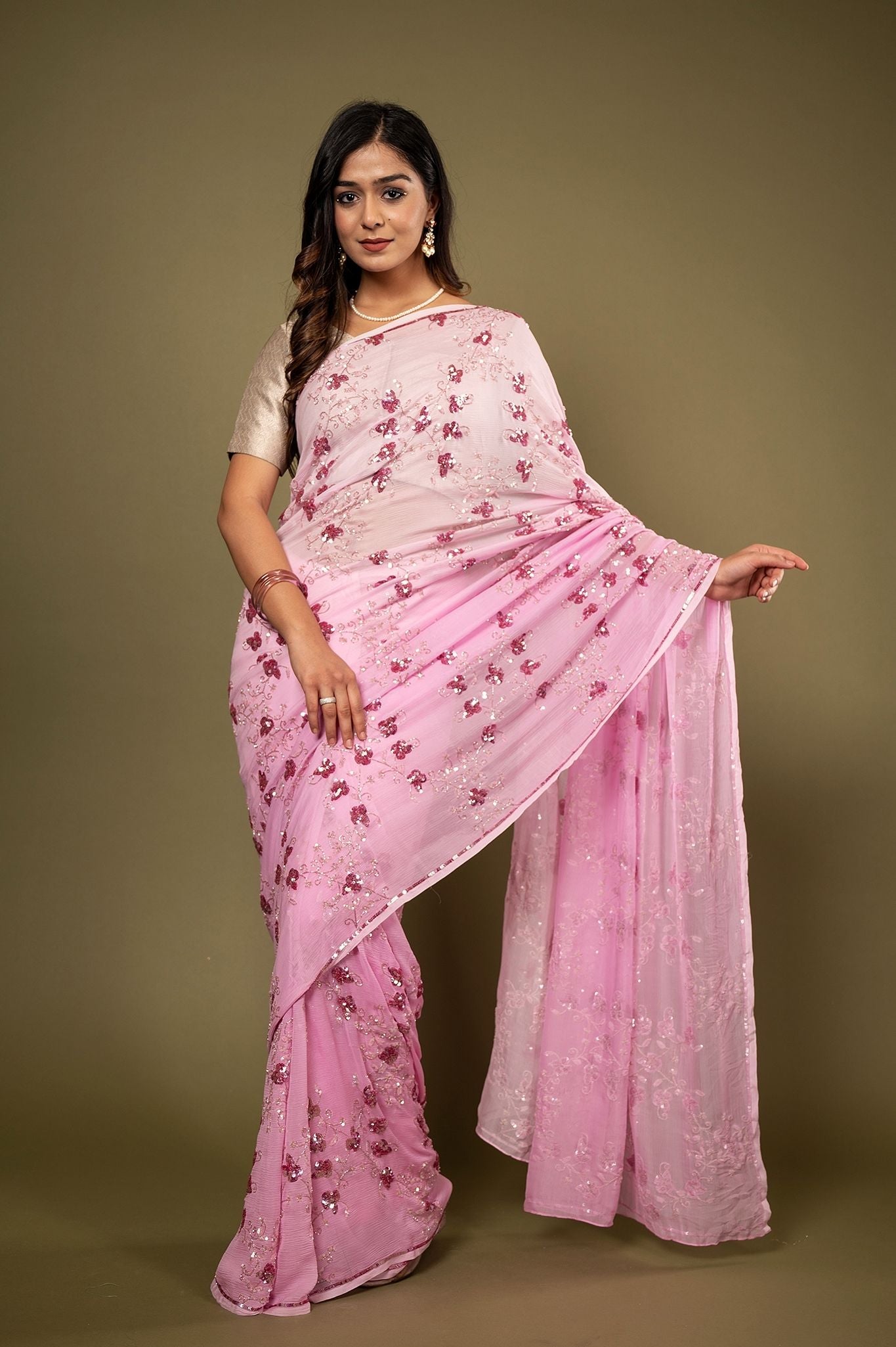 Pink light dark Pure Chiffon sequins  kardana jaal handwork saree